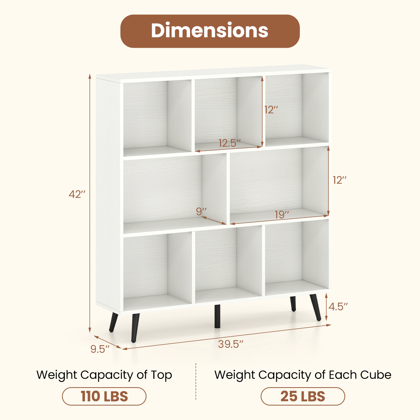 SUGIFT White 8-Cube Bookcase with 5 Tapered Metal Legs and Anti-Tipping Kits