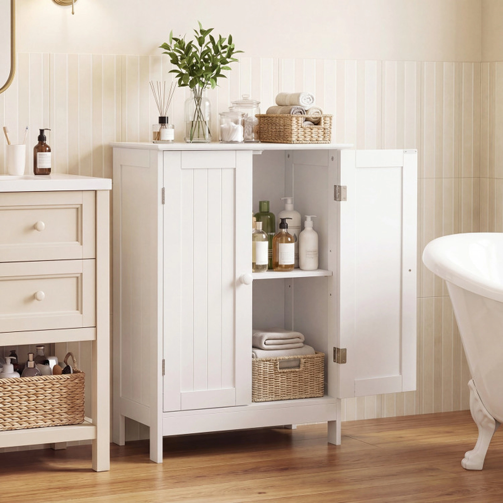 SUGIFT White 176-lb Top Capacity Double Door Bathroom Floor Storage Cabinet with 3-Level Adjustable Shelf