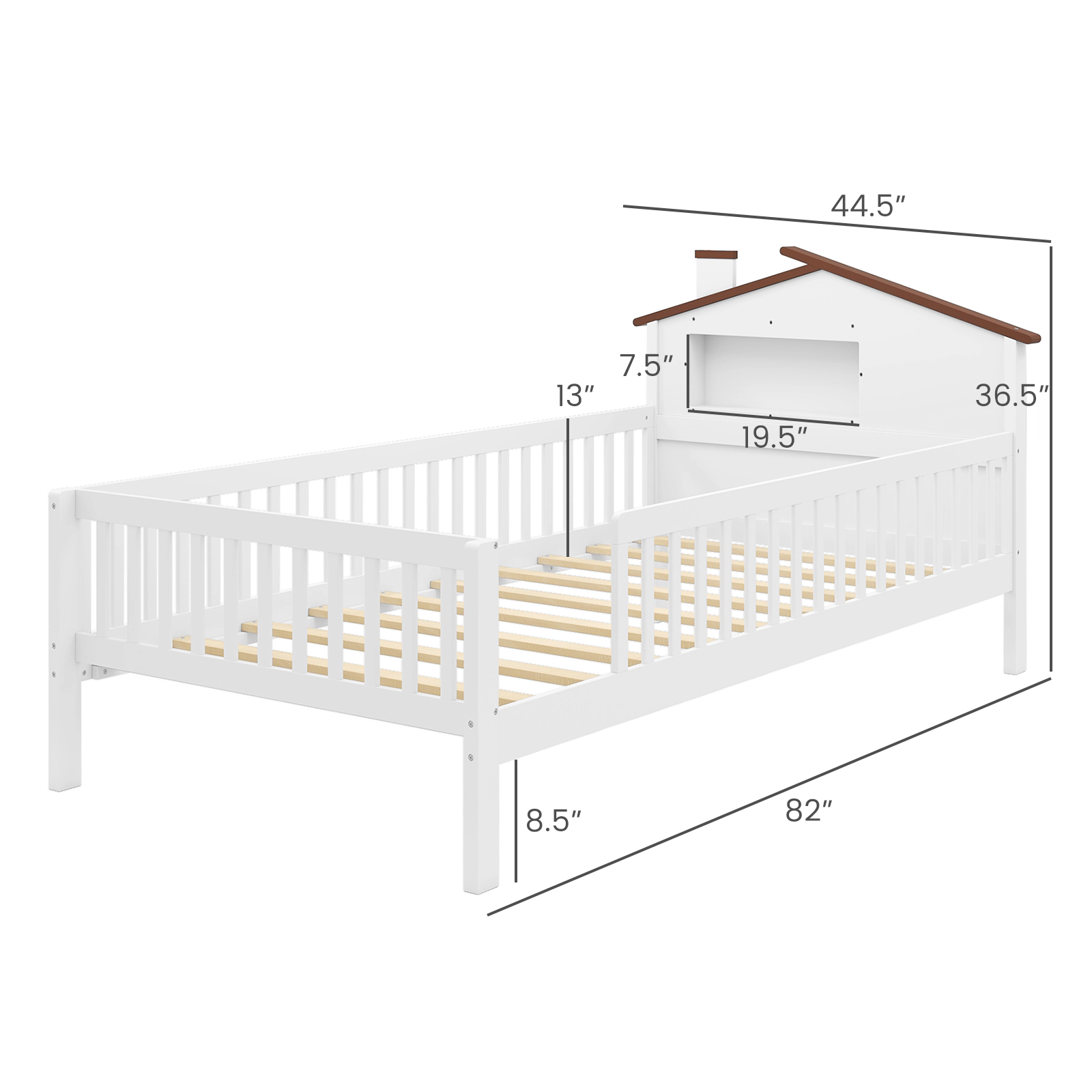 LJG Twin Size Kids Montessori Bed with House-Shaped Headboard and Built-in Storage Shelf