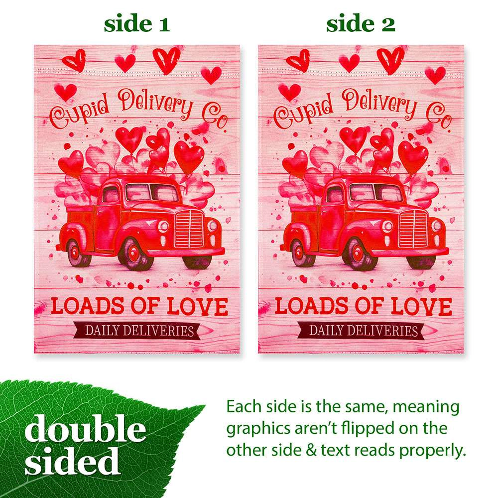 G128 Valentine's Day Cupid Delivery Truck Garden Flag 12x18 in Double-Sided