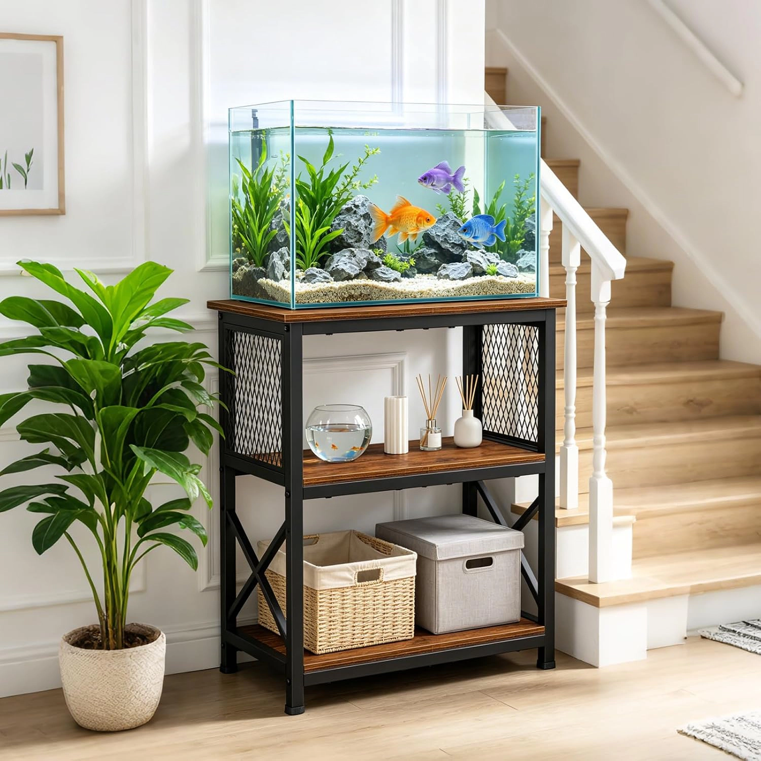 10 Gallon Aquarium Stand, 3-Tier Metal Wood Fish Tank Holder with Storage Shelves