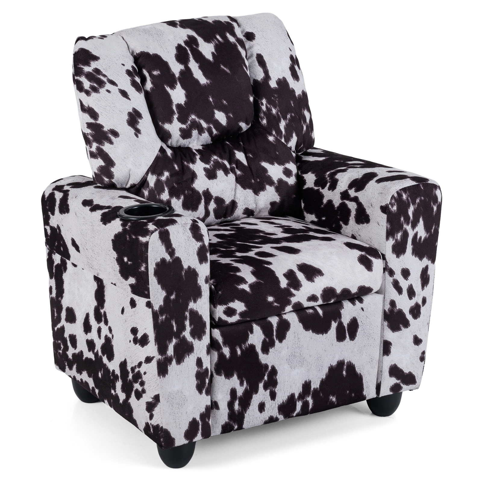 SUGIFT Kids Cow Print Velvet Cup Holder Push Back Recliner 24-in x 21.5-in x 28-in 150-lb Capacity Ages 3+ Black/White