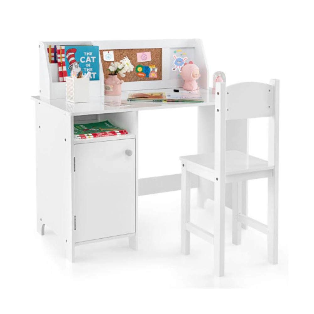 Hivvago Wooden Kids Study Desk And Chair Set With Storage Cabinet And Bulletin Board-White