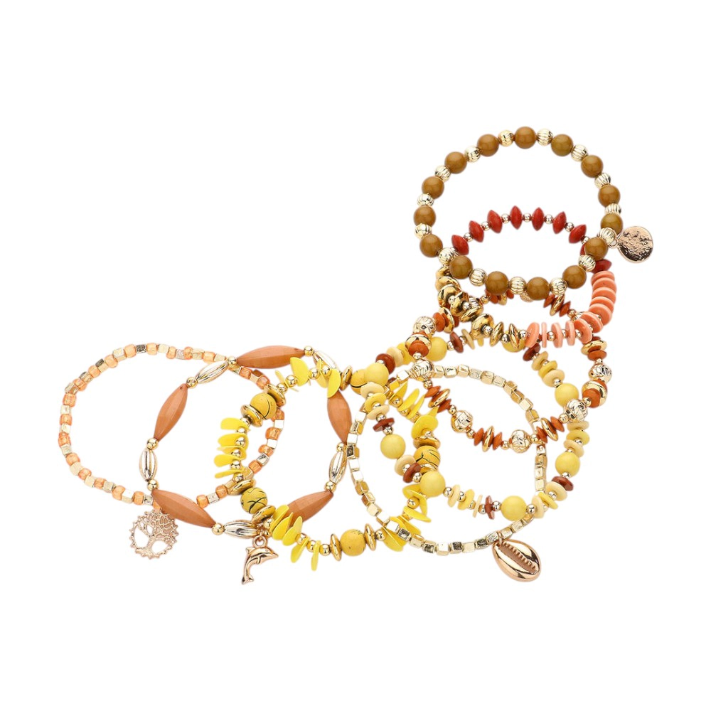 FASHNZFAB 8PCS - Charm Pointed Various Beads Beaded Stretch Multi Layered Bracelets