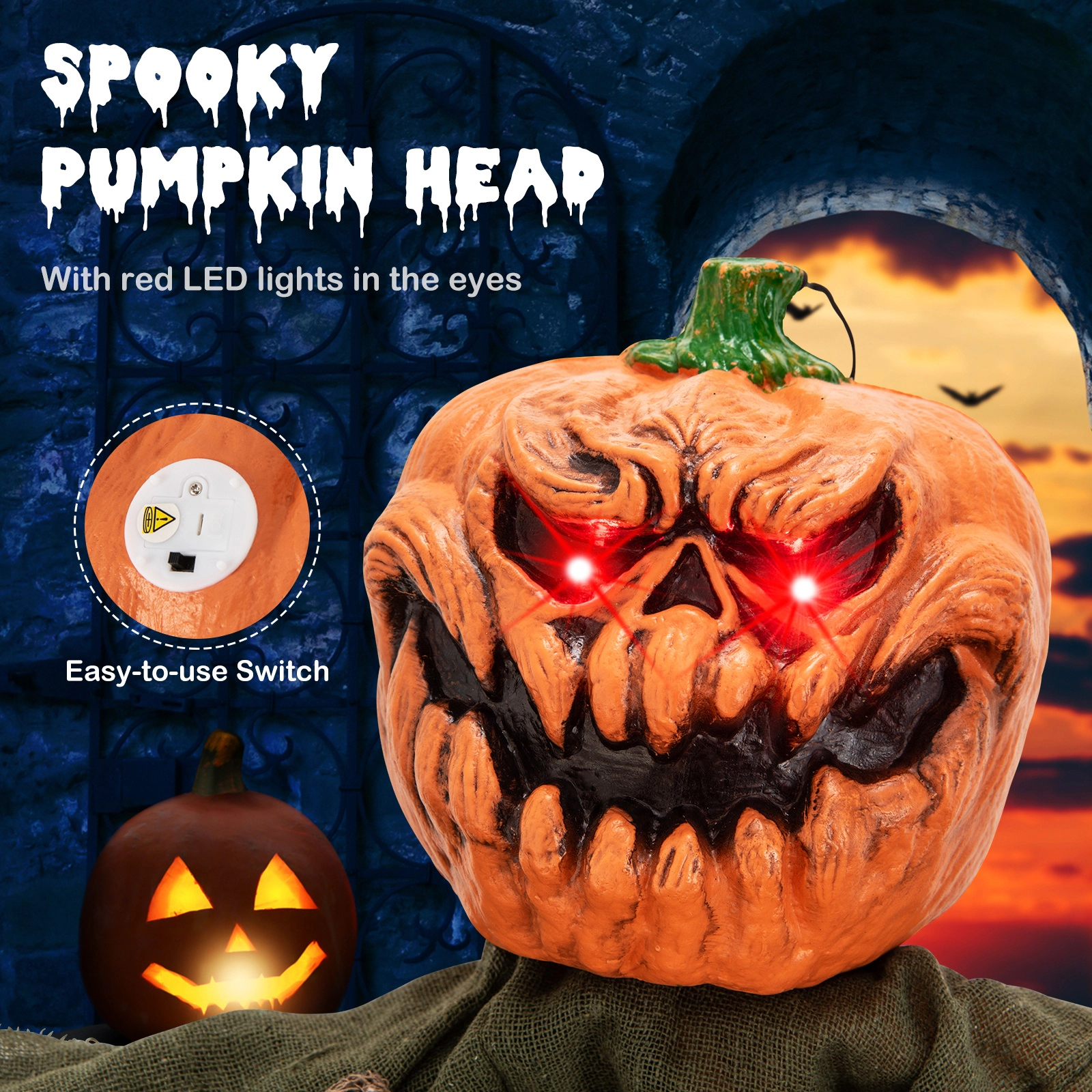 SUGIFT Black and Orange 6-ft Hanging Halloween Pumpkin Ghost Decoration with Red LED Eyes and Poseable Arms