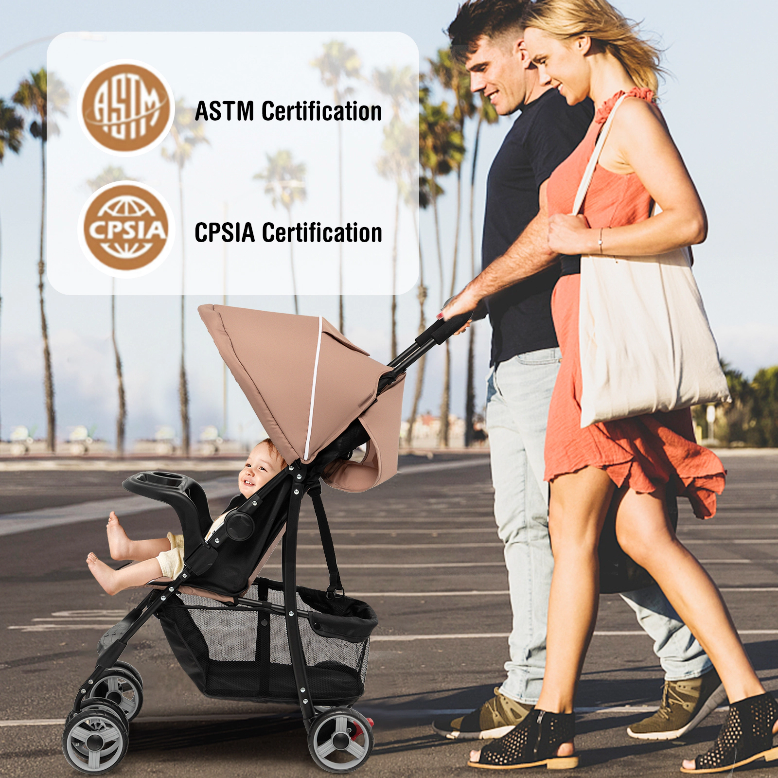 SUGIFT Coffee 33-lb Capacity Lightweight Toddler Travel Stroller with Canopy Skylight and Feeding Tray