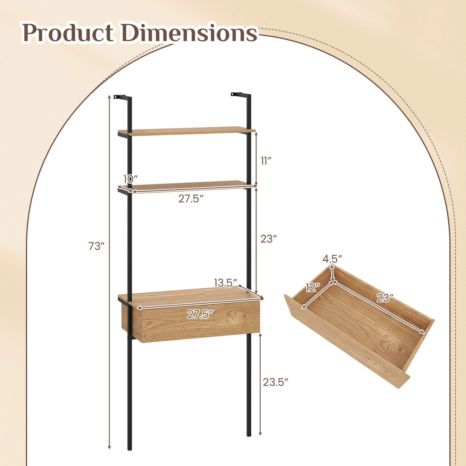 SUGIFT 73-in Tall 4-Tier 120-lb Capacity Natural Ladder Bookshelf with Drawer and Metal Frame Anti-Tipping Kits