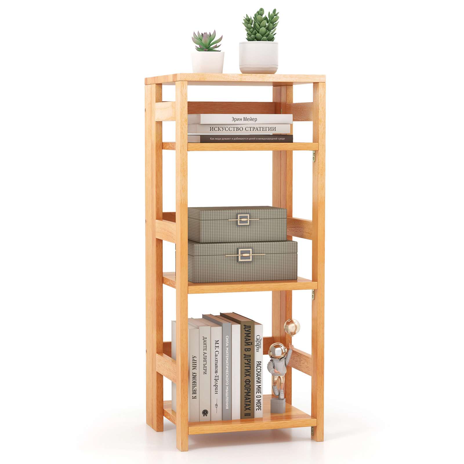 SUGIFT 4-Tier Natural 14-in Wide Solid Rubber Wood Bookshelf with Side Guardrails and 2 Anti-Toppling Kits