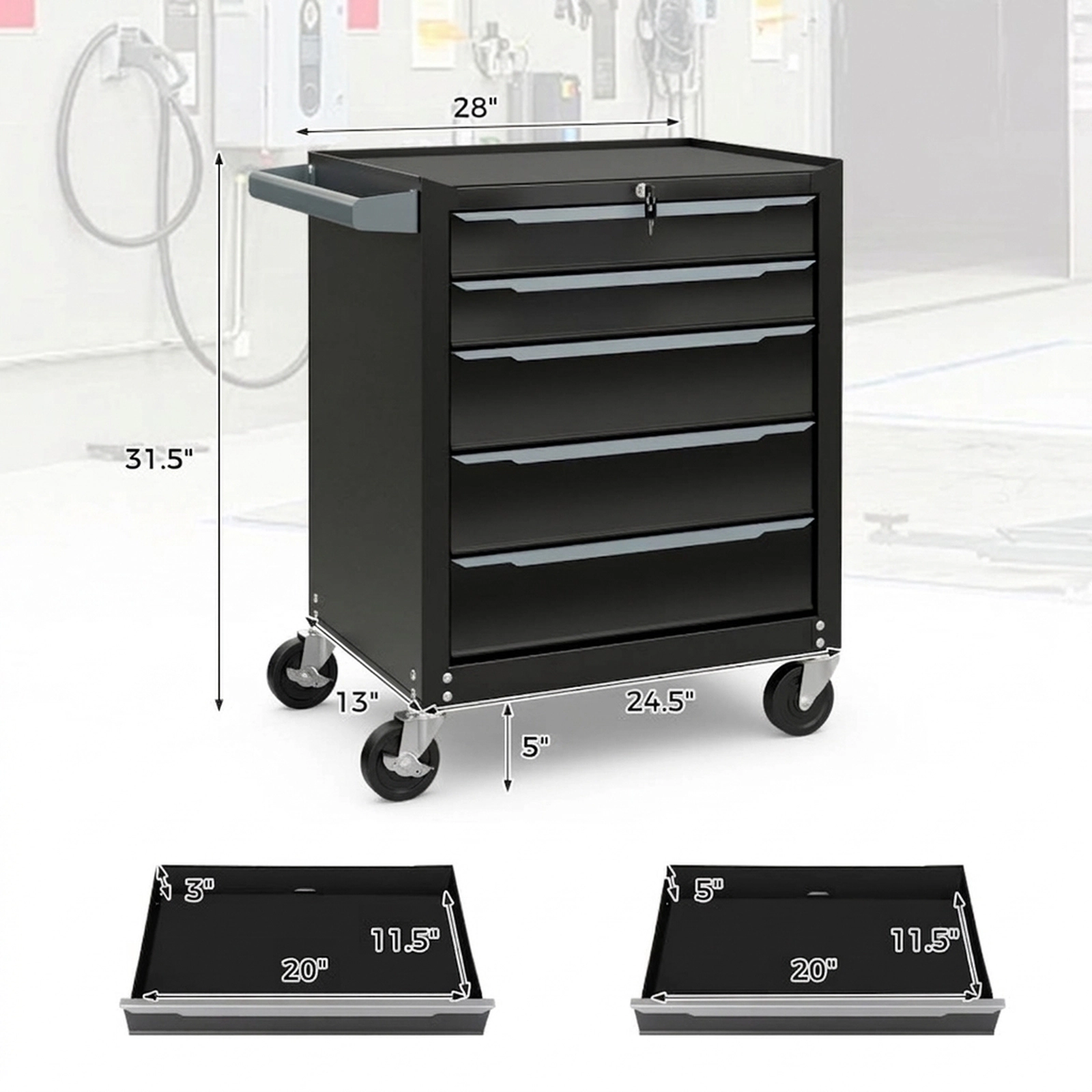 SUGIFT 5-Drawer Tool Storage Cabinet with Hanging Holes Central Keyed Locking System 44-lb Top 33-lb Drawers Black