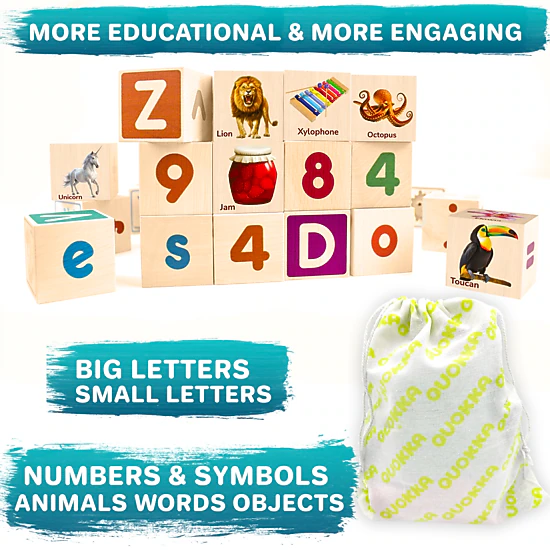 QUOKKA Wooden Alphabet Blocks & Peg Puzzle Set, ABC Learning Toys for Toddlers, Ages 1+