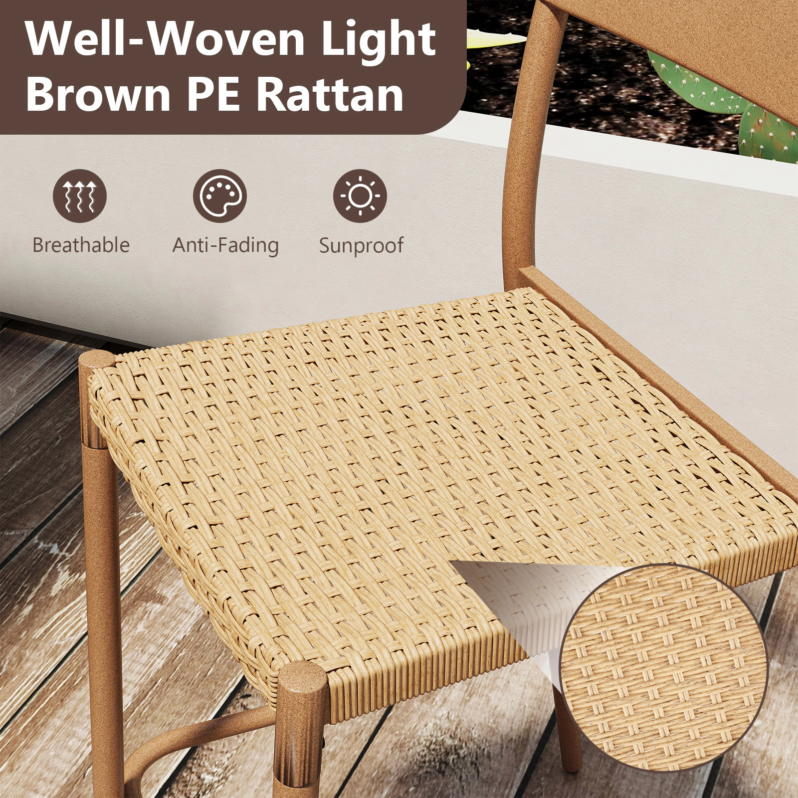 SUGIFT Woven Rattan Seat and Metal Backrest 360-lb Set of 2 Light Brown Patio Bar Stools