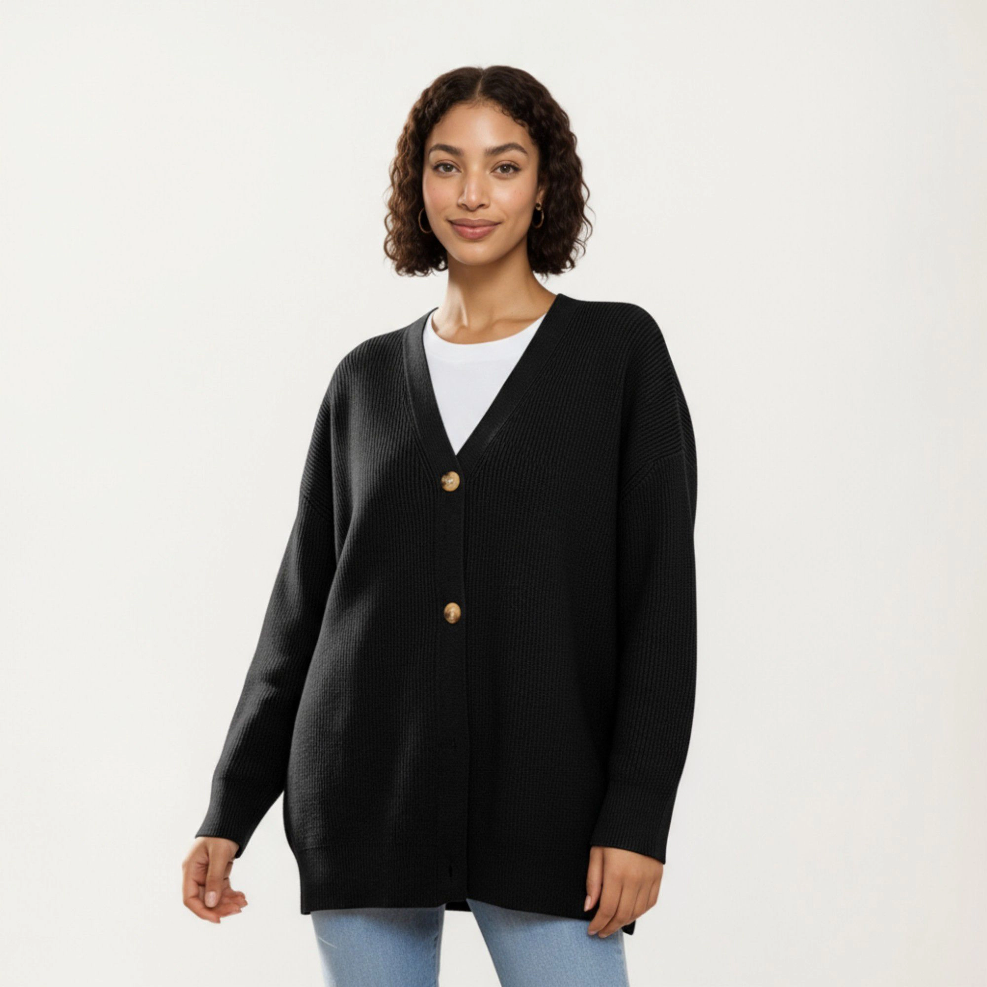 Anna-Kaci Women's Oversized Rib Knit Button Front Cardigan with Relaxed Drop-Shoulder Silhouette and Soft Textured Feel