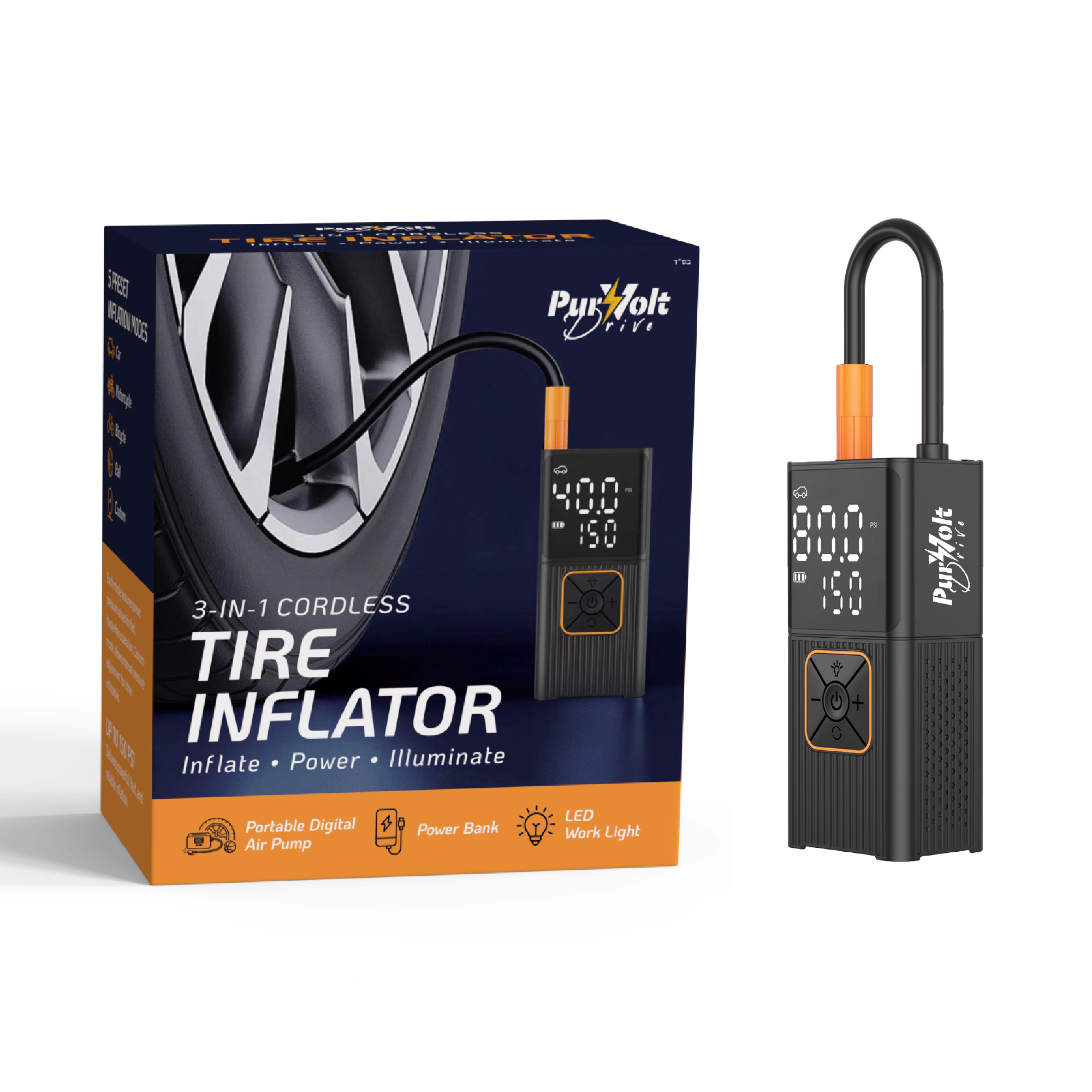 Pursonic 3-in-1 Cordless Tire Inflator- Inflator, Power Bank & LED Light