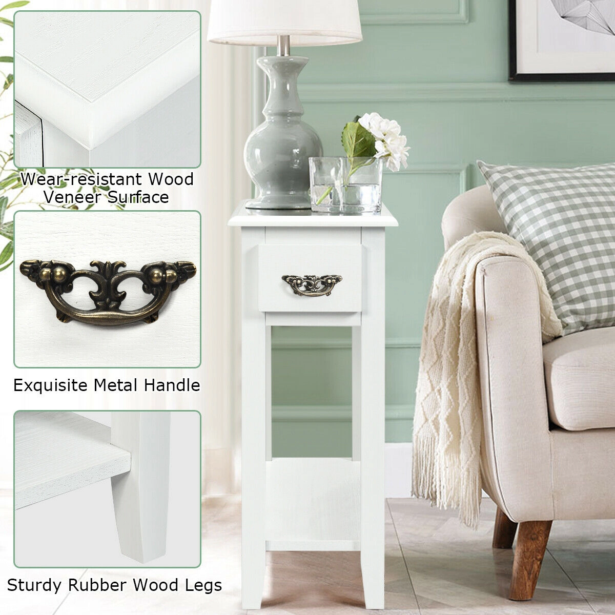 Glintex 2-Piece Narrow Side Table Set with Drawer and Open Shelf, White