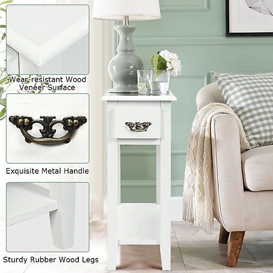 Glintex 2-Piece Narrow Side Table Set with Drawer and Open Shelf, White
