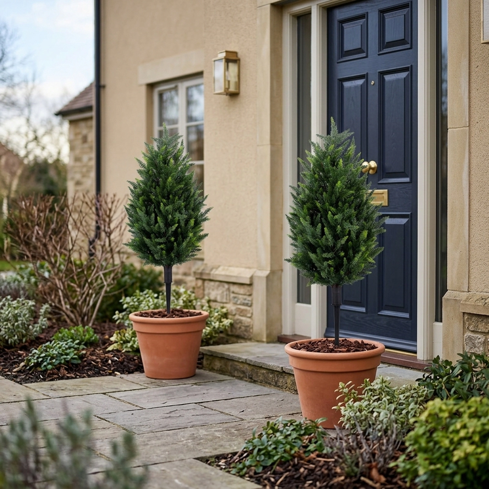 SUGIFT Dense Foliage Artificial Cypress Topiary Trees with Ground Spikes 35.5-in Tall Green & Black for Indoor Outdoor