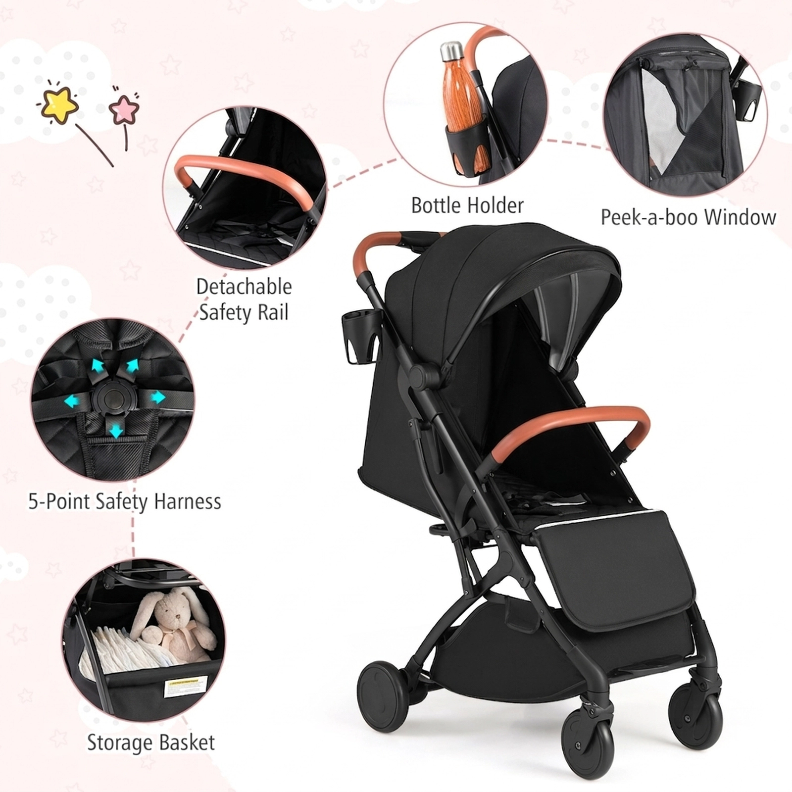 SUGIFT Baby Black Lightweight Travel Stroller with One-Hand Fold 31.5-in W 20-in D 41-in H 33-lb Seat Capacity
