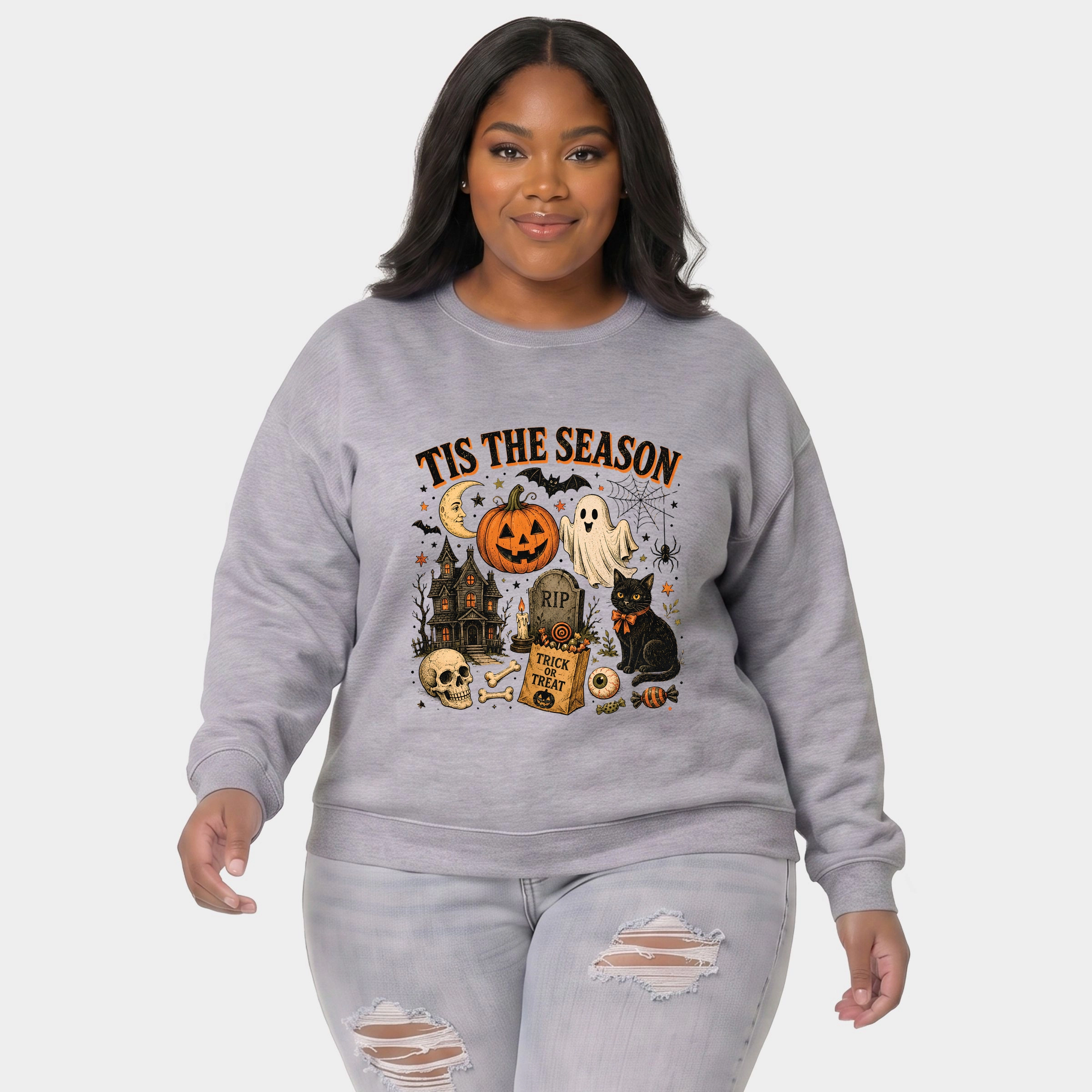 Simply Sage Market - Women's Plus Sized Graphic Sweatshirt Tis The Season Haloween Collage
