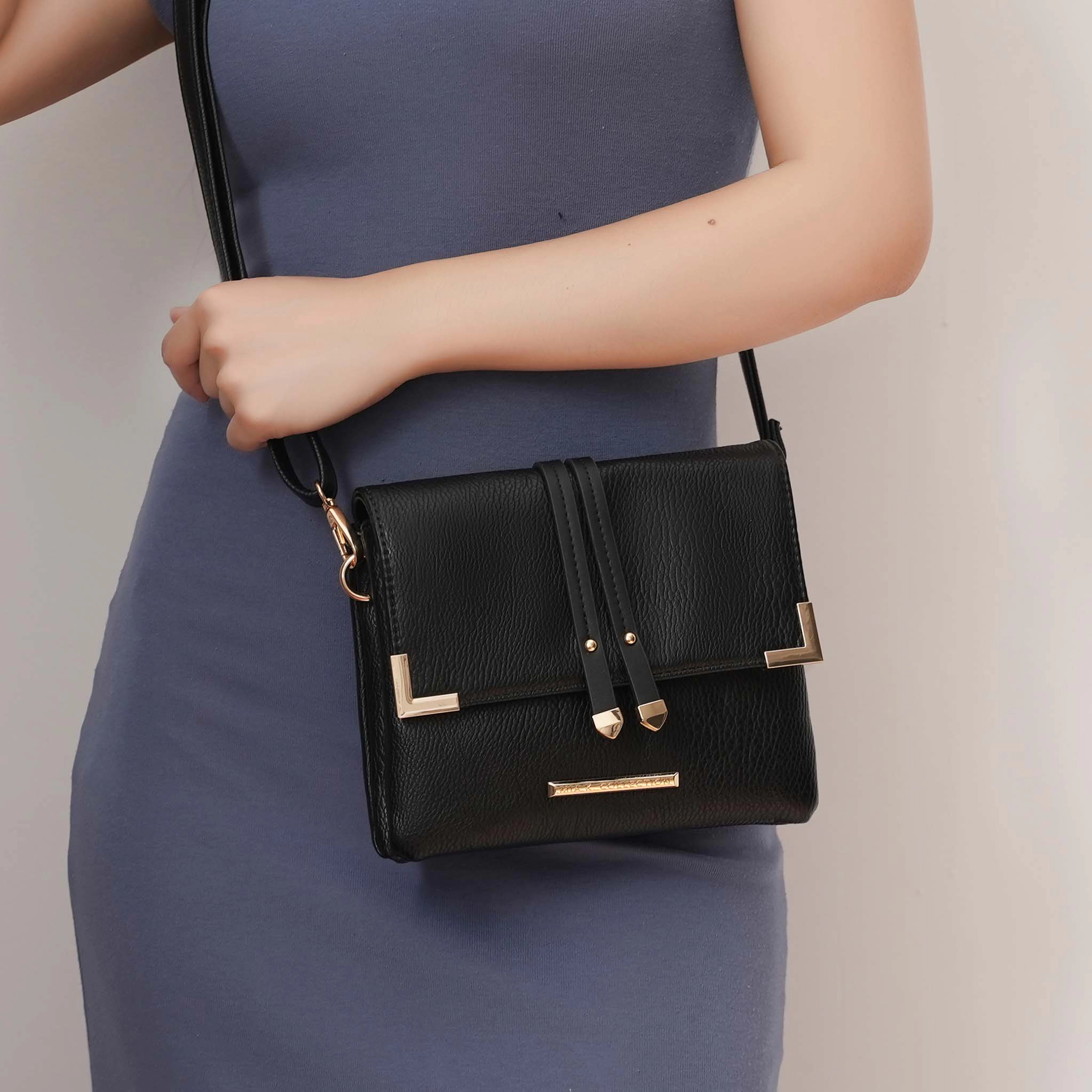 Mia K Collection Valeska Vegan Leather Crossbody - Gold-Tone Hardware, Adjustable Detachable Strap