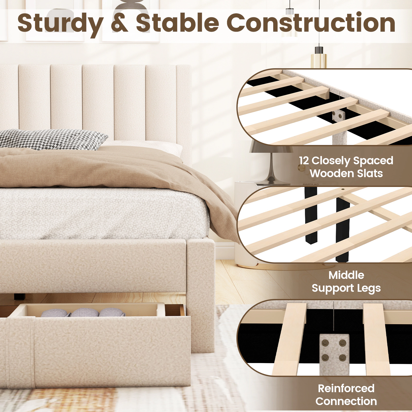 SUGIFT Upholstered Queen Bed Frame with Storage Drawer and Vertical Channel Headboard 800-lb Capacity Beige