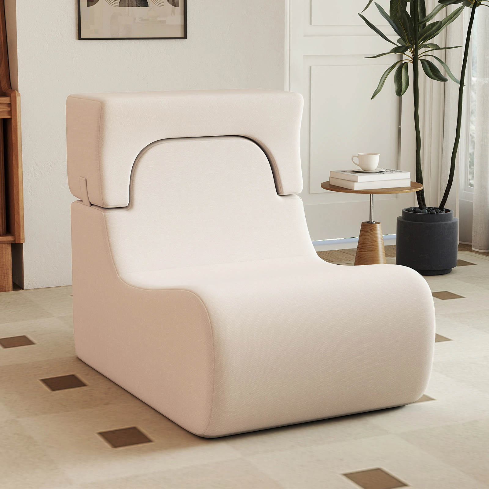 SUGIFT 350-lb Capacity Beige Ice Velvet Boneless Floor Chair Lazy Sofa with Detachable Headrest