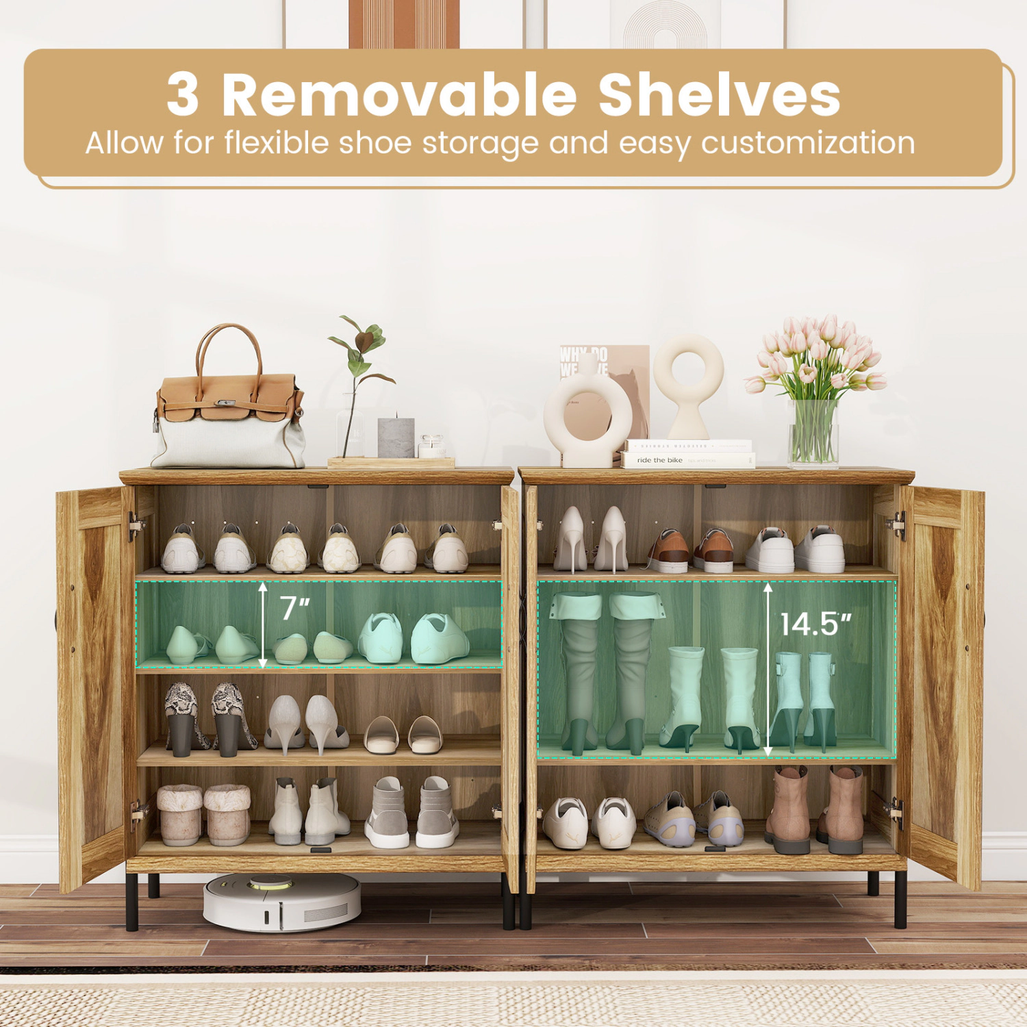 Glintex 5-Tier Farmhouse Shoe Cabinet with Woven Rattan Doors and Door Stopper, Natural