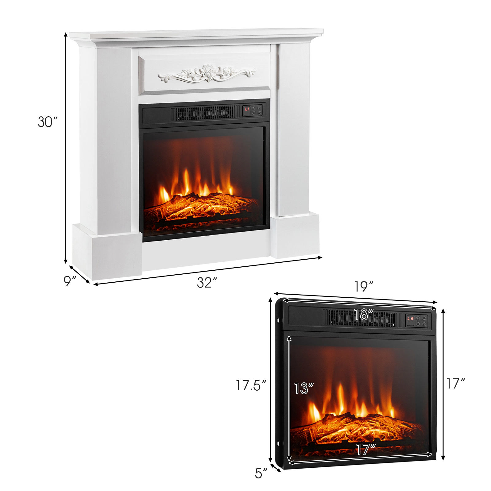 SUGIFT 1400W 4650-BTU White TV Stand Electric Fireplace Mantel with 3D Flame Effect and Anti-Tipping Device