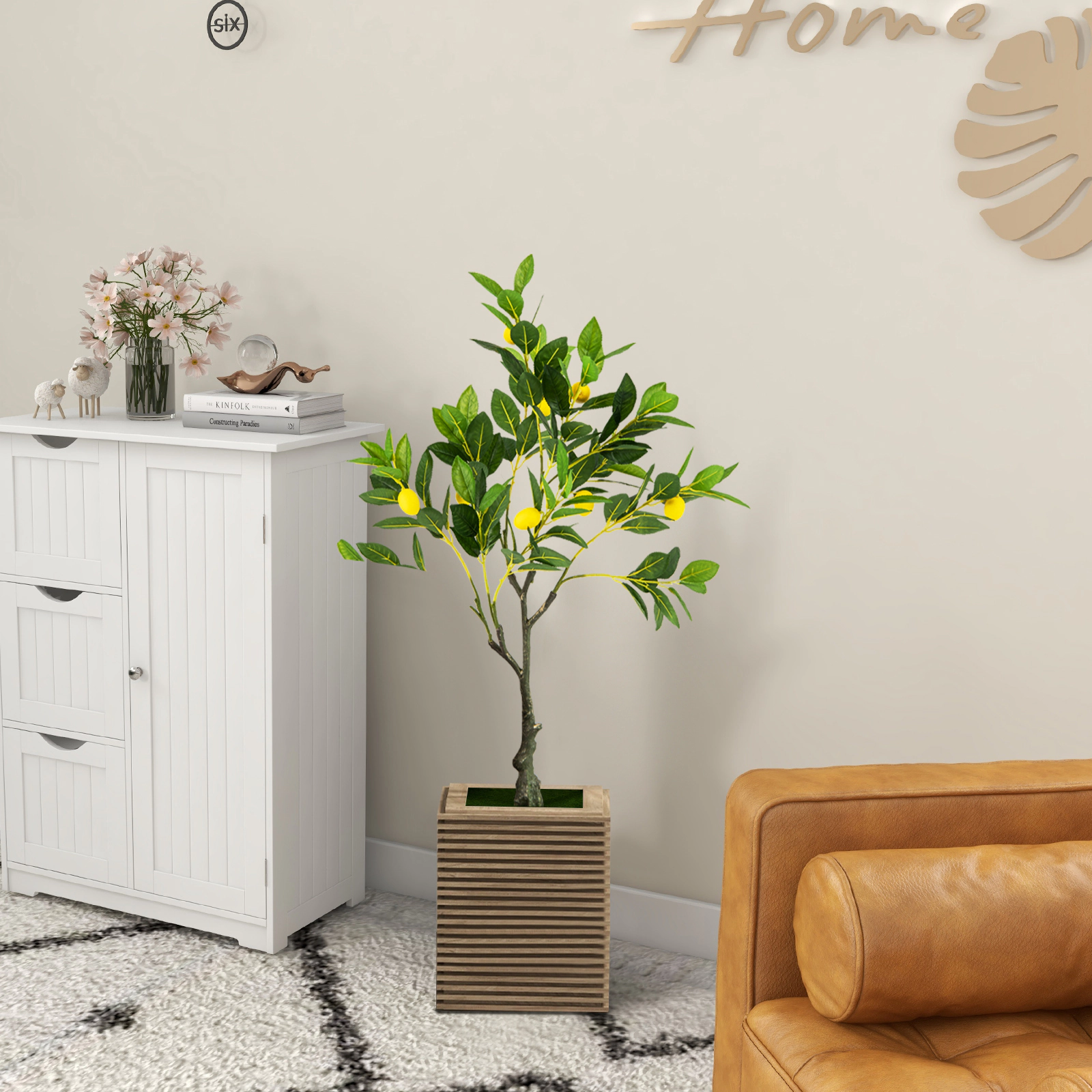 SUGIFT Artificial Tree 32-in Tall Fake Lemon Plant with Fruits in Cement-Filled Pot Green+Yellow+Black