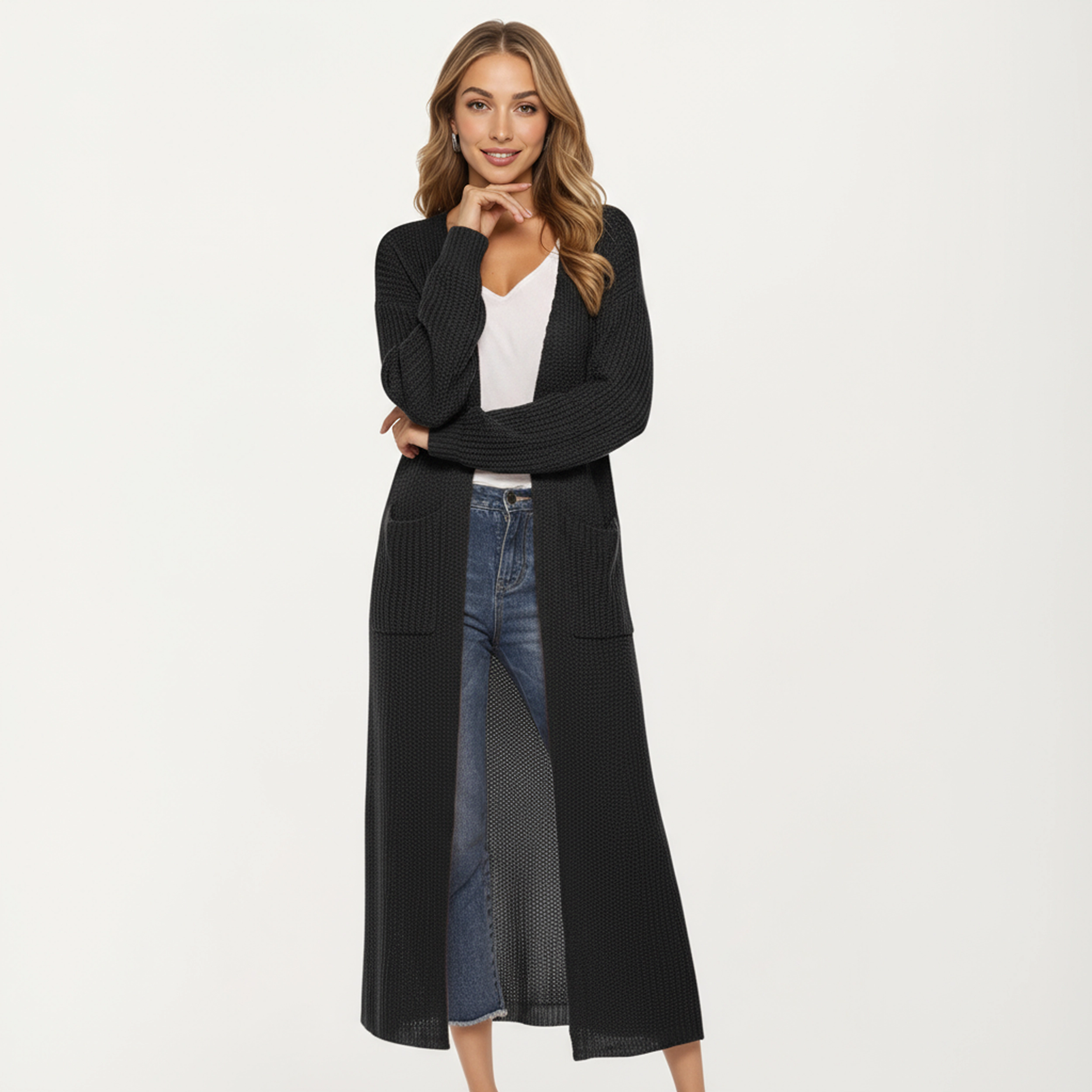 Anna-Kaci Women's Open Front Long Knit Cardigan with Pockets and Ribbed Trim Design