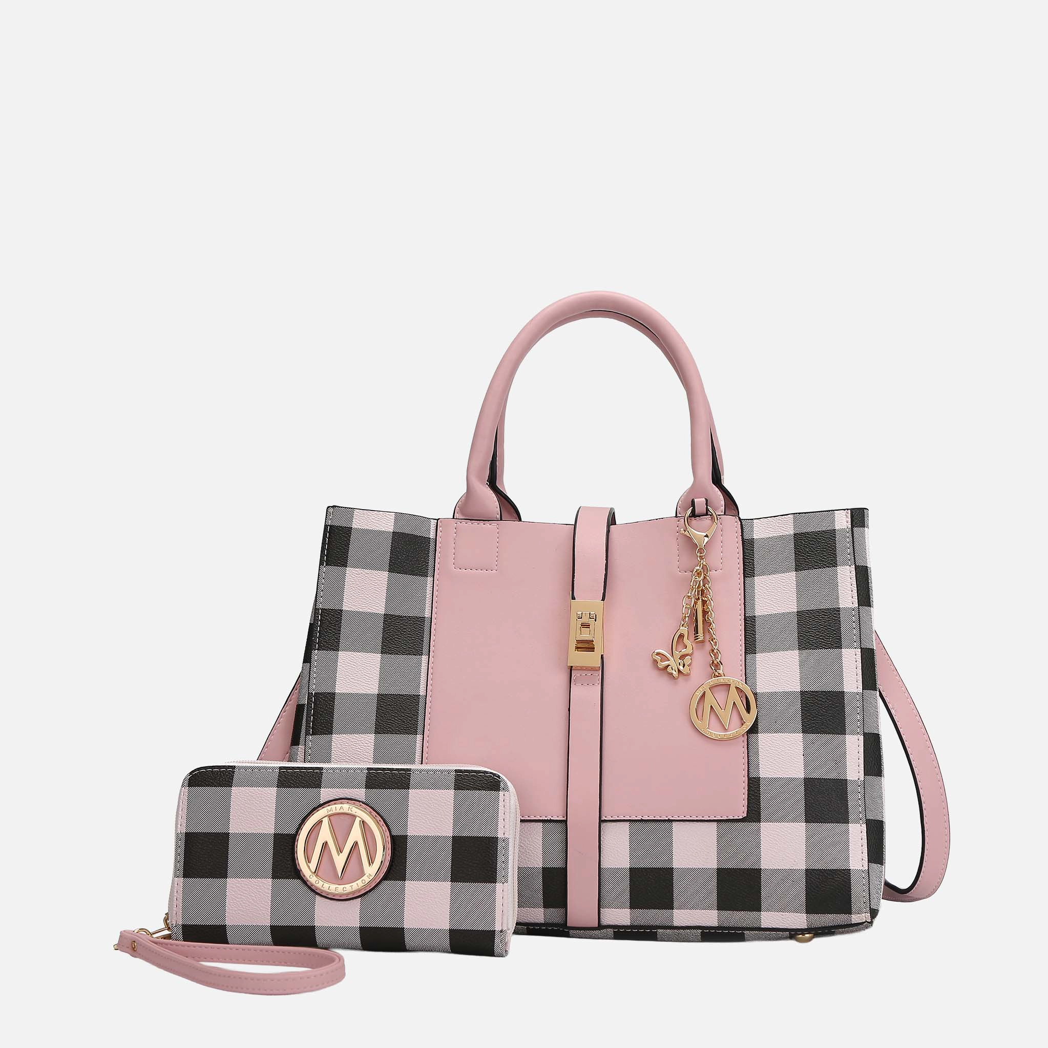 MKF Collection by Mia K Yuliana Checkered Vegan Leather Satchel with Matching Wallet, Pink