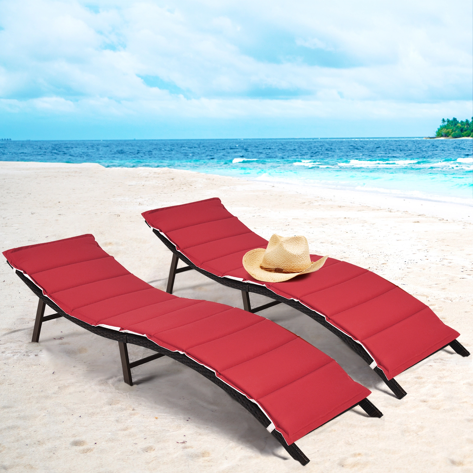 SUGIFT Red Reversible Cushion 400-lb Each Set of 2 Folding Wicker Patio Lounger Chairs