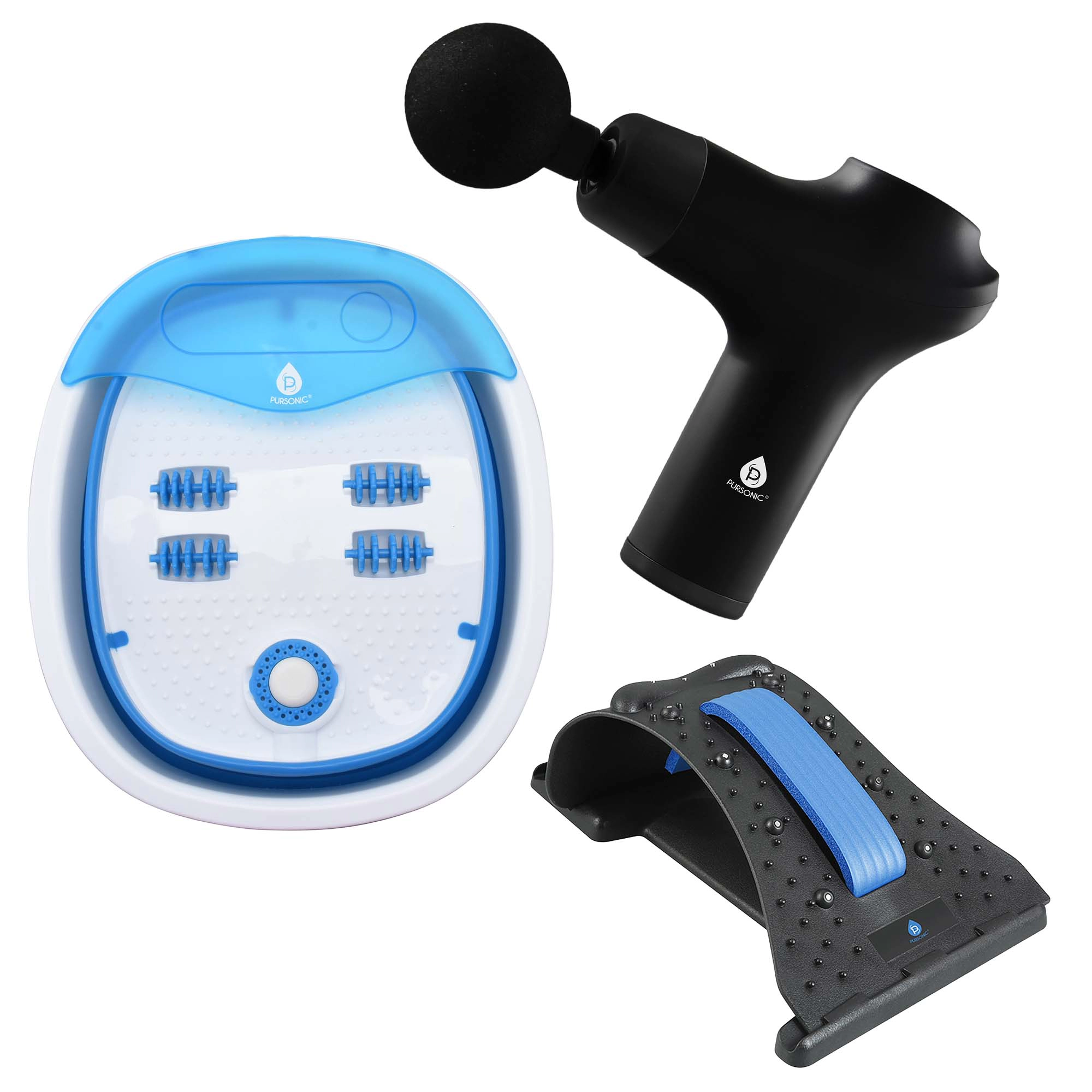 Pursonic Unisex Full Body Relaxation & Recovery Bundle with Cordless Massage Gun, Neck & Shoulder Stretcher & Foot Spa Massager