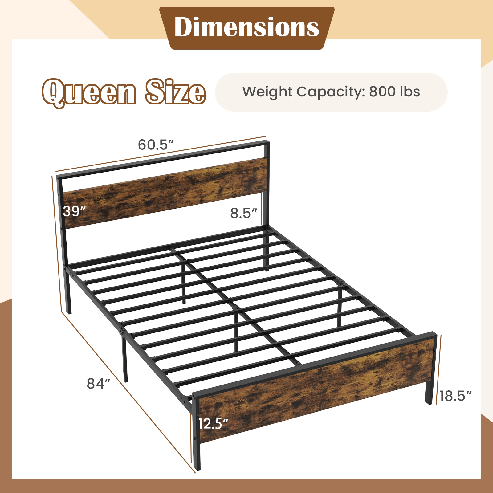 SUGIFT Rustic Wood & Metal Queen Platform Bed Frame with Headboard & Footboard 800-lb Capacity 84-in Length Rustic Brown