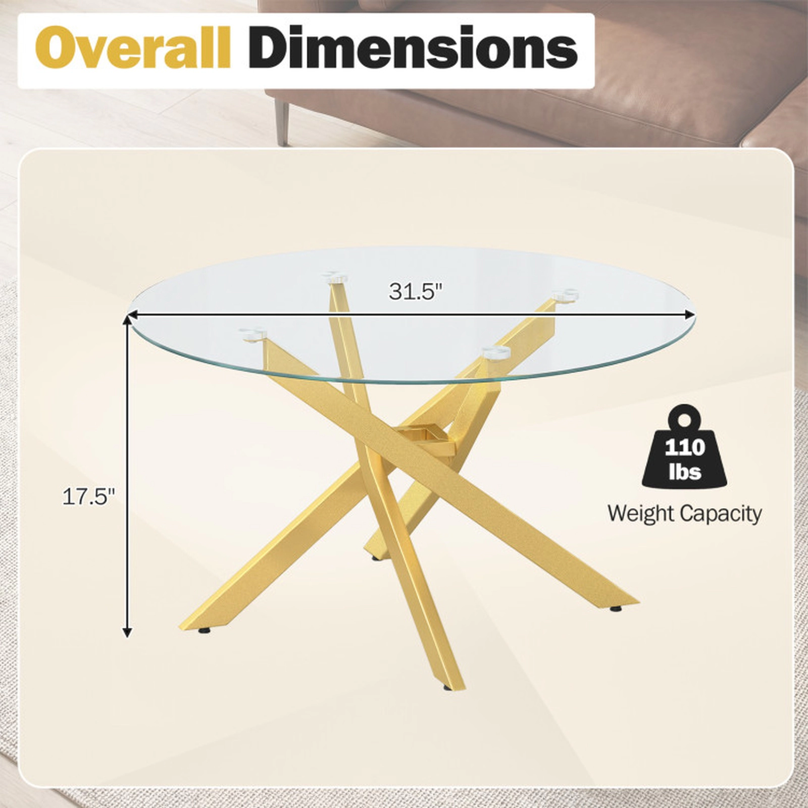 SUGIFT Round Tempered Glass Top Crossed Metal Legs Coffee Table 31.5-in x 31.5-in x 17.5-in 110-lb Capacity Gold