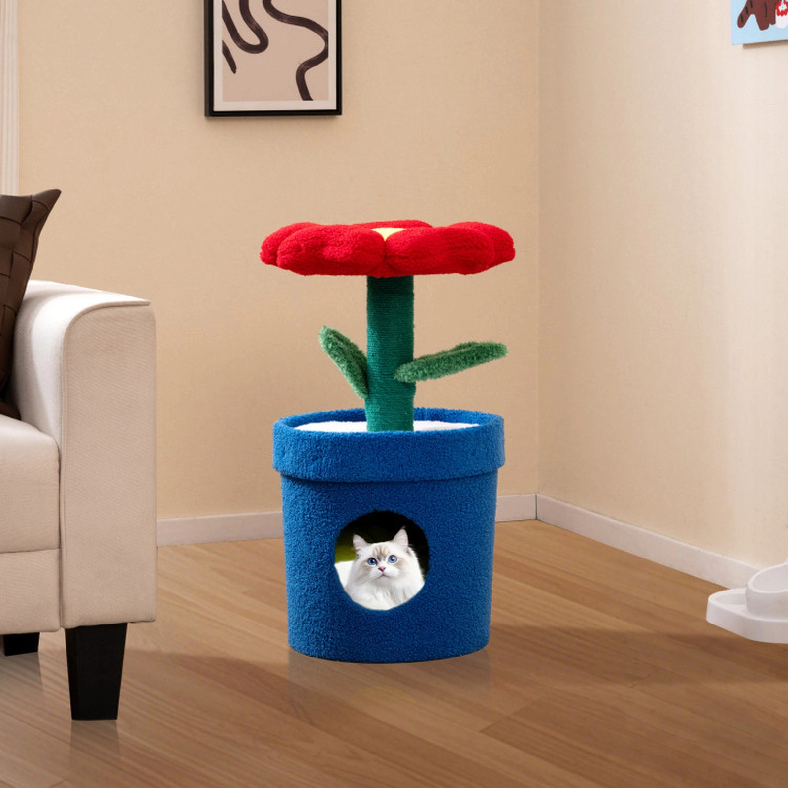 SUGIFT 28.5-in Flower-Shaped Compact Cat Tree Tower with Planter Condo Jute Posts and Leaf Toys