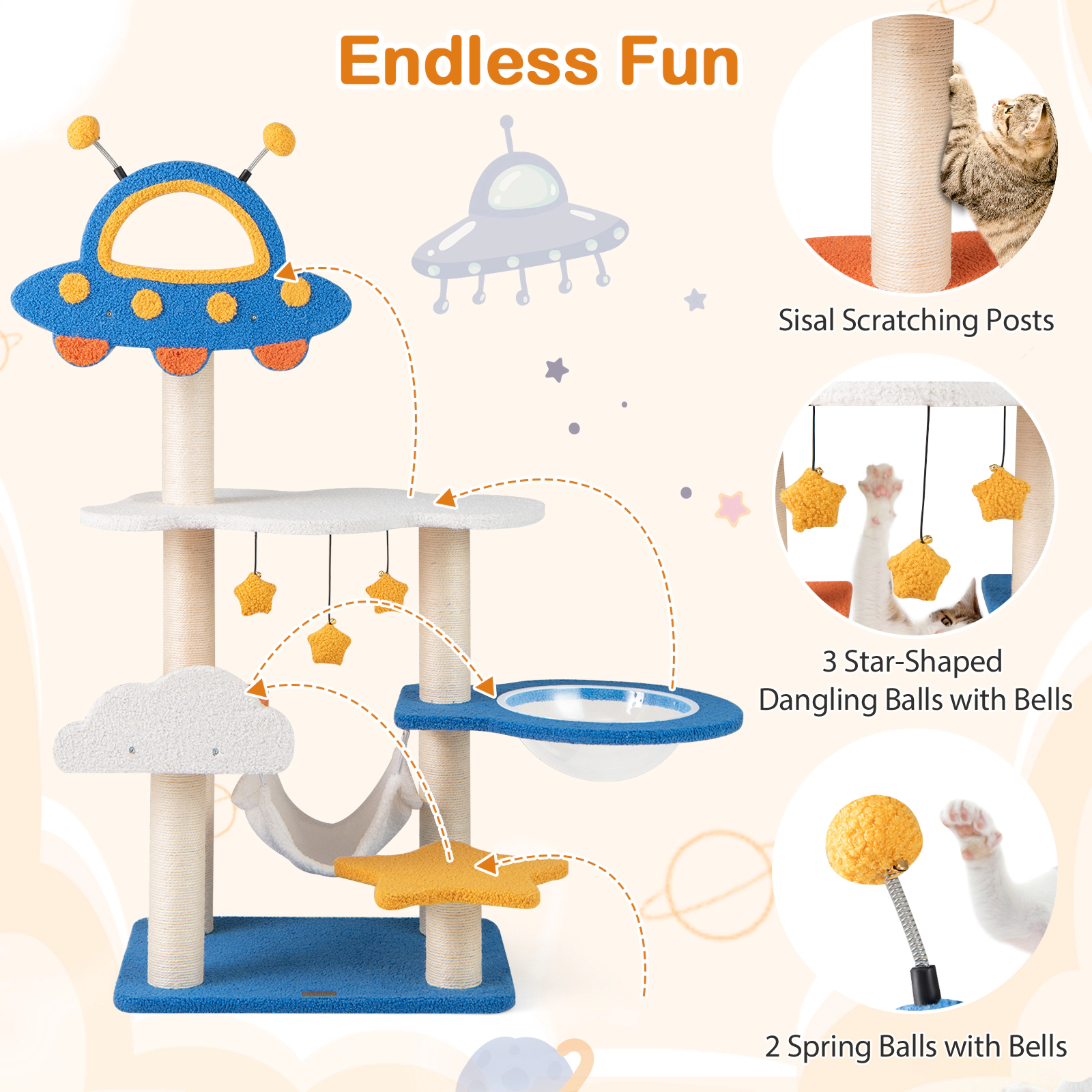 Glintex 49-Inch Space-Themed Cat Tree with UFO Top Perch and Transparent Capsule, Blue
