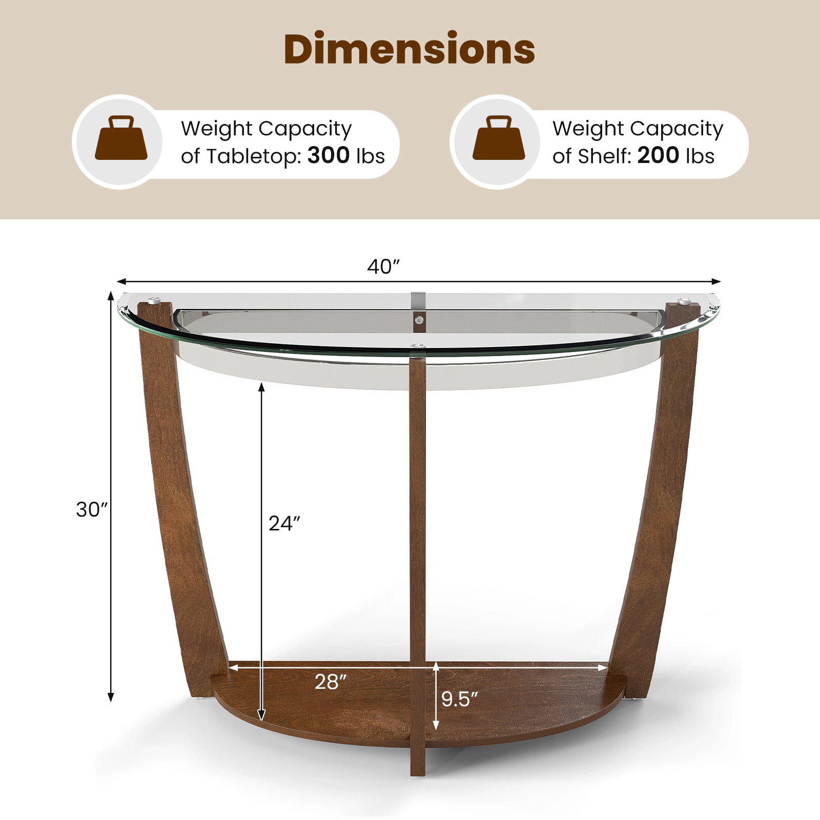 Glintex Half-Moon Tempered Glass Console Table with 300-Lb Top and Birch Veneer Shelf