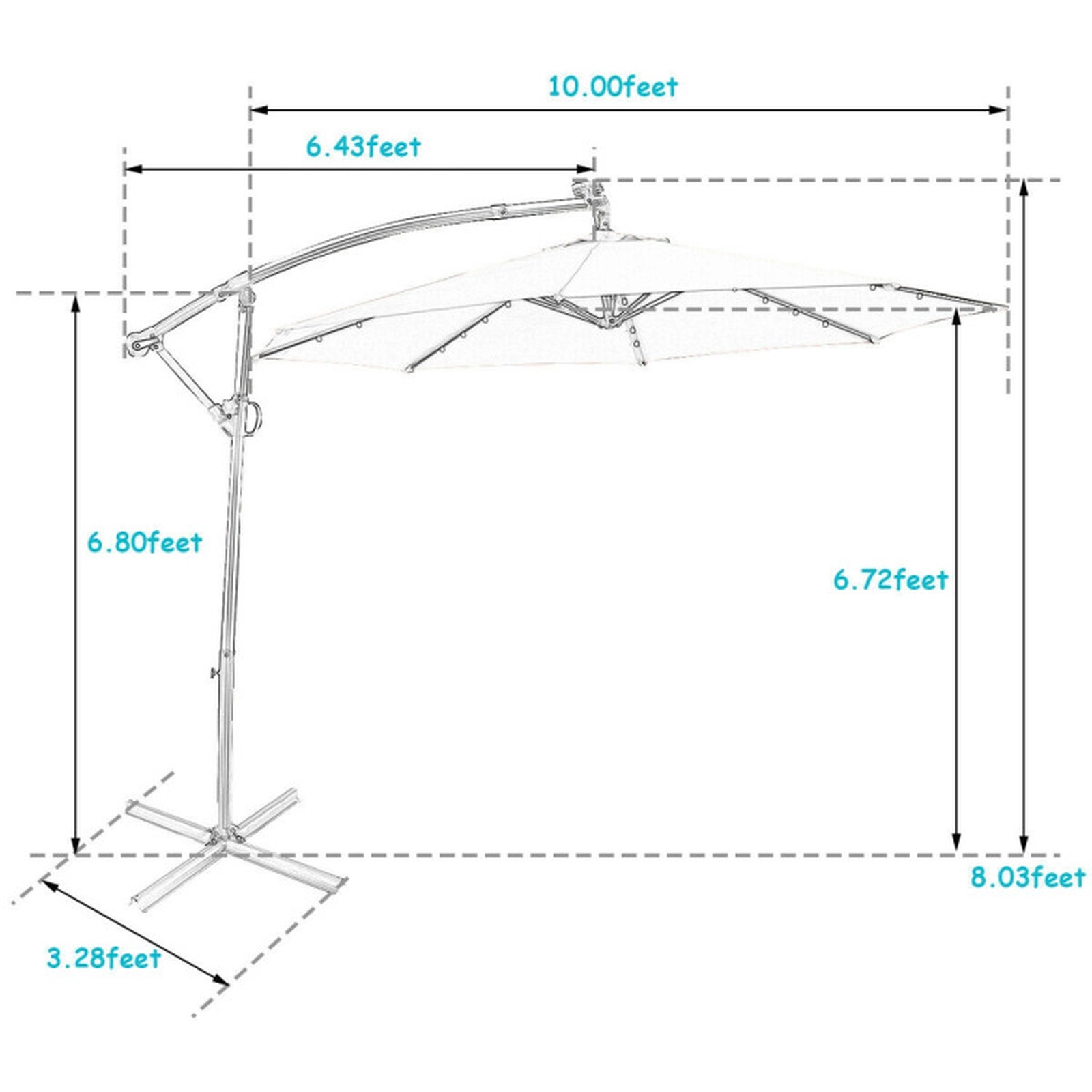 SUGIFT Solar Powered LED Patio Offset Umbrella with 360° Rotation and 32 Lights 10-ft Canopy Turquoise