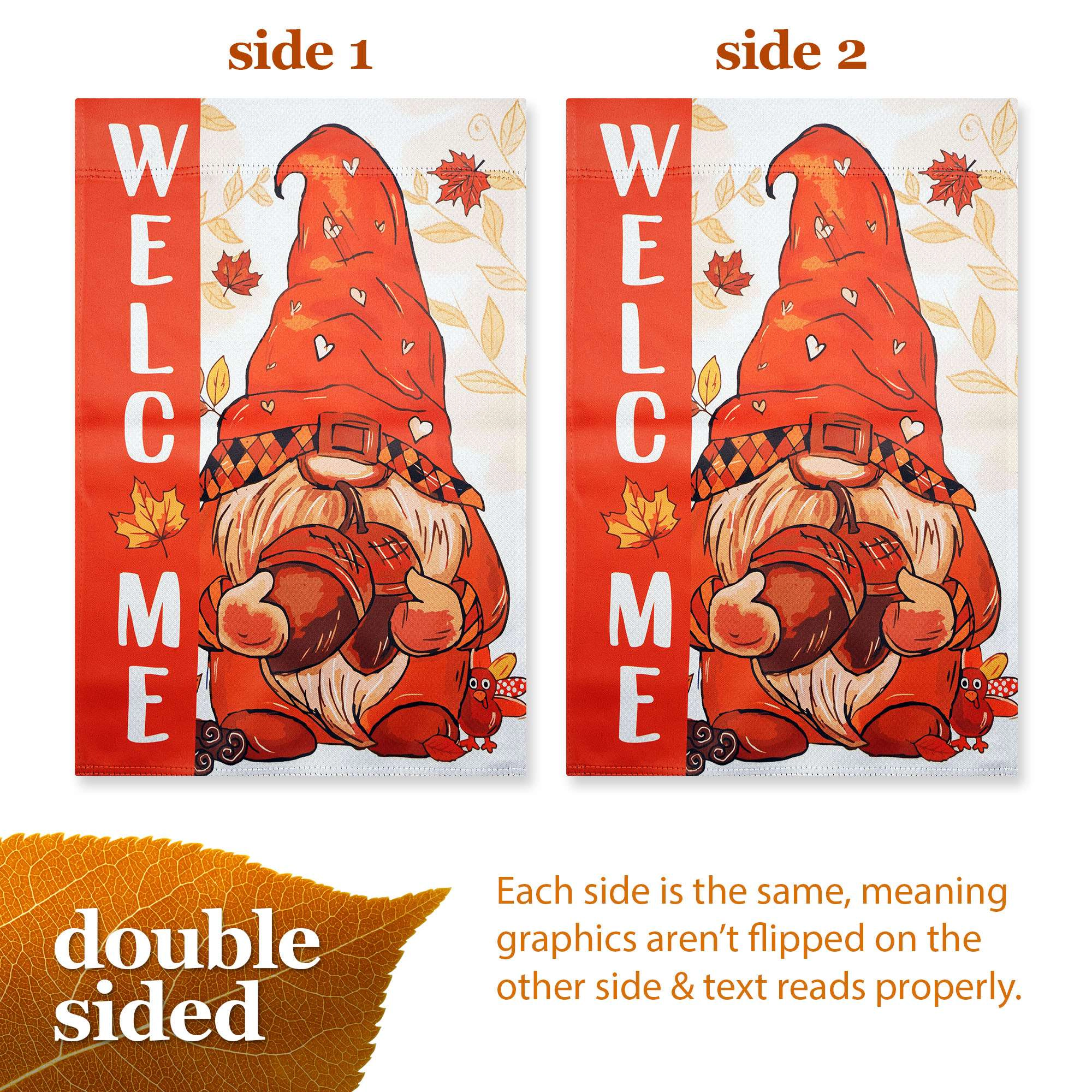 G128 Welcome Fall Gnome Acorn 12x18 Double-Sided Garden Flag
