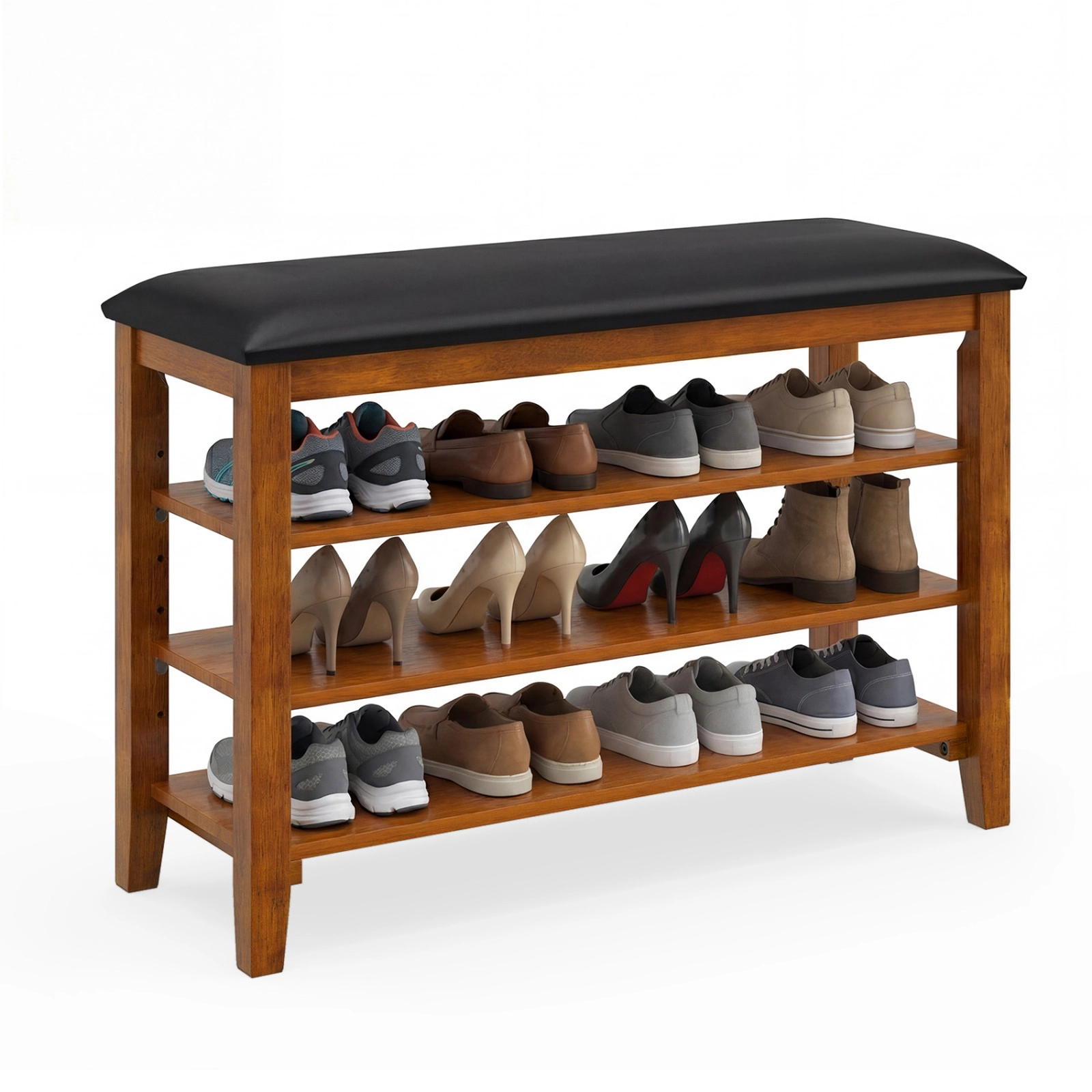 SUGIFT 3-Tier Shoe Rack Bench with Adjustable Shelves and Soft Cushion 31.5-in Frame 300-lb Top Capacity Brown + Black