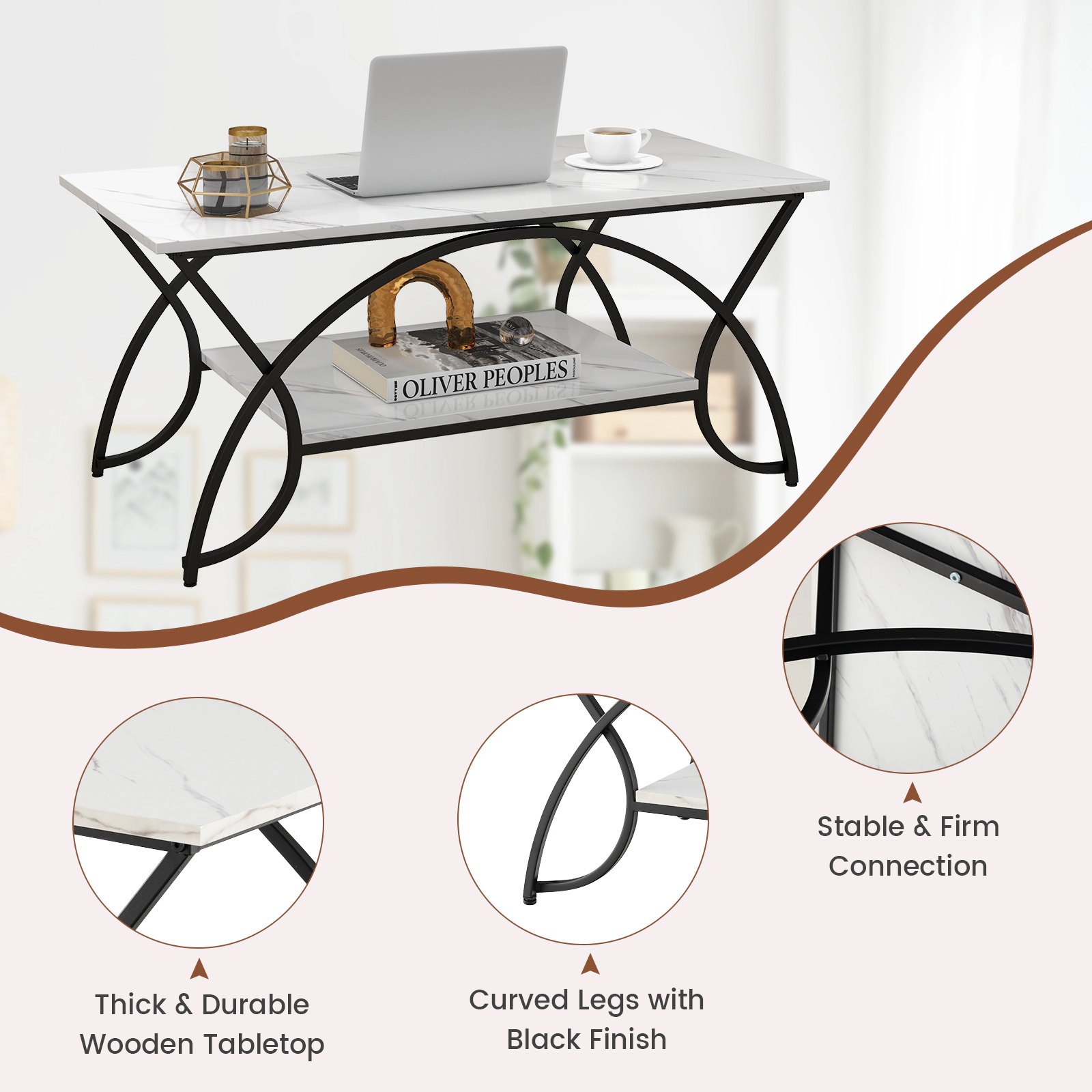 Glintex 2-Tier 39.5-Inch Faux Marble Coffee Table with Arched Metal Frame