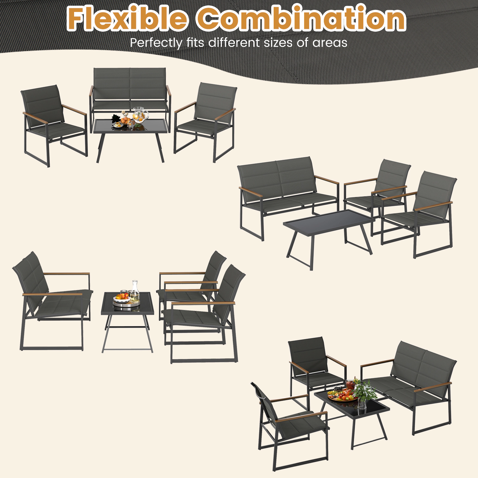SUGIFT 4-Piece Gray Outdoor Patio Conversation Set with Loveseat, 2 Armchairs and Glass-Top Table