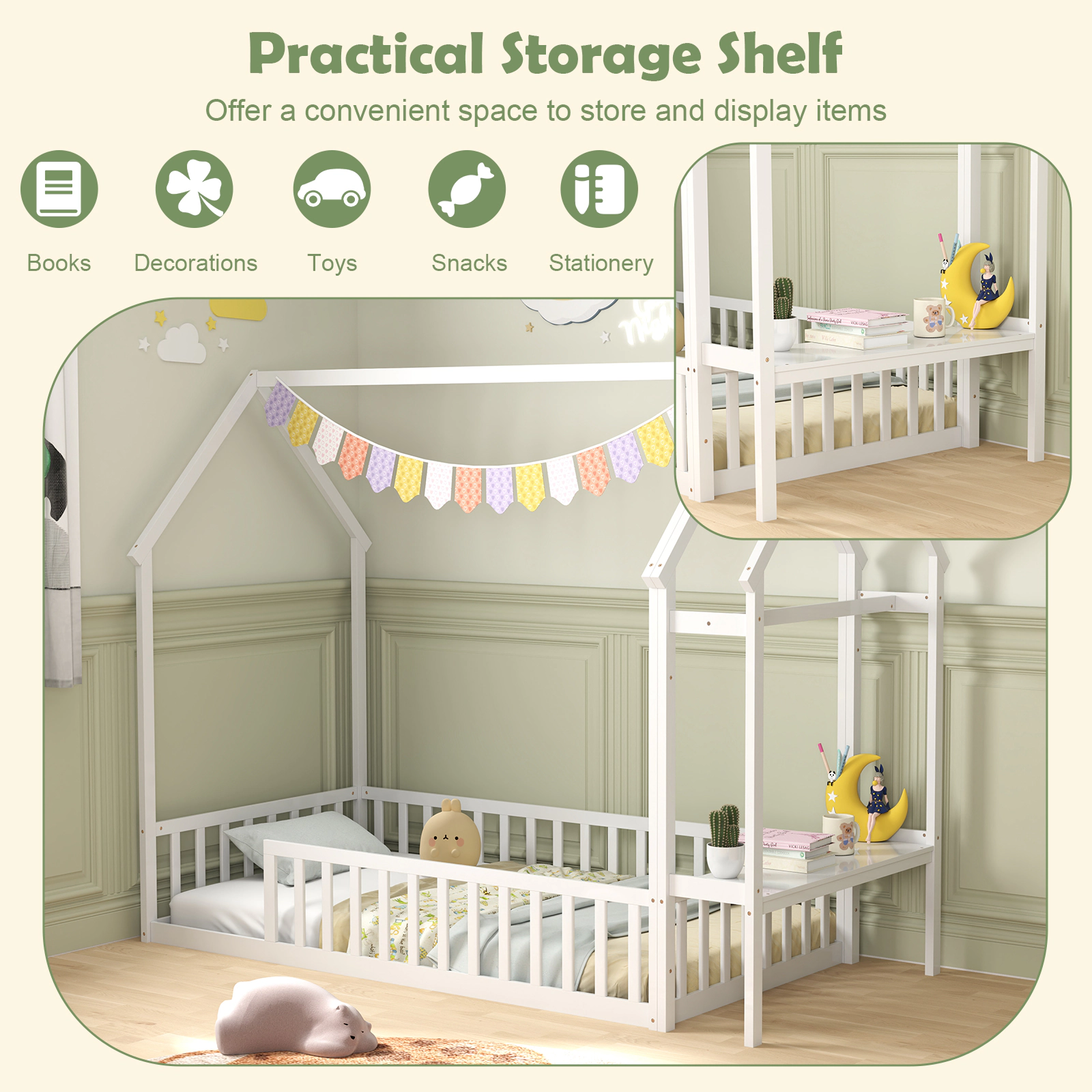 SUGIFT White Storage Shelf and Reversible Clothes Hanger Twin Kids House Floor Bed