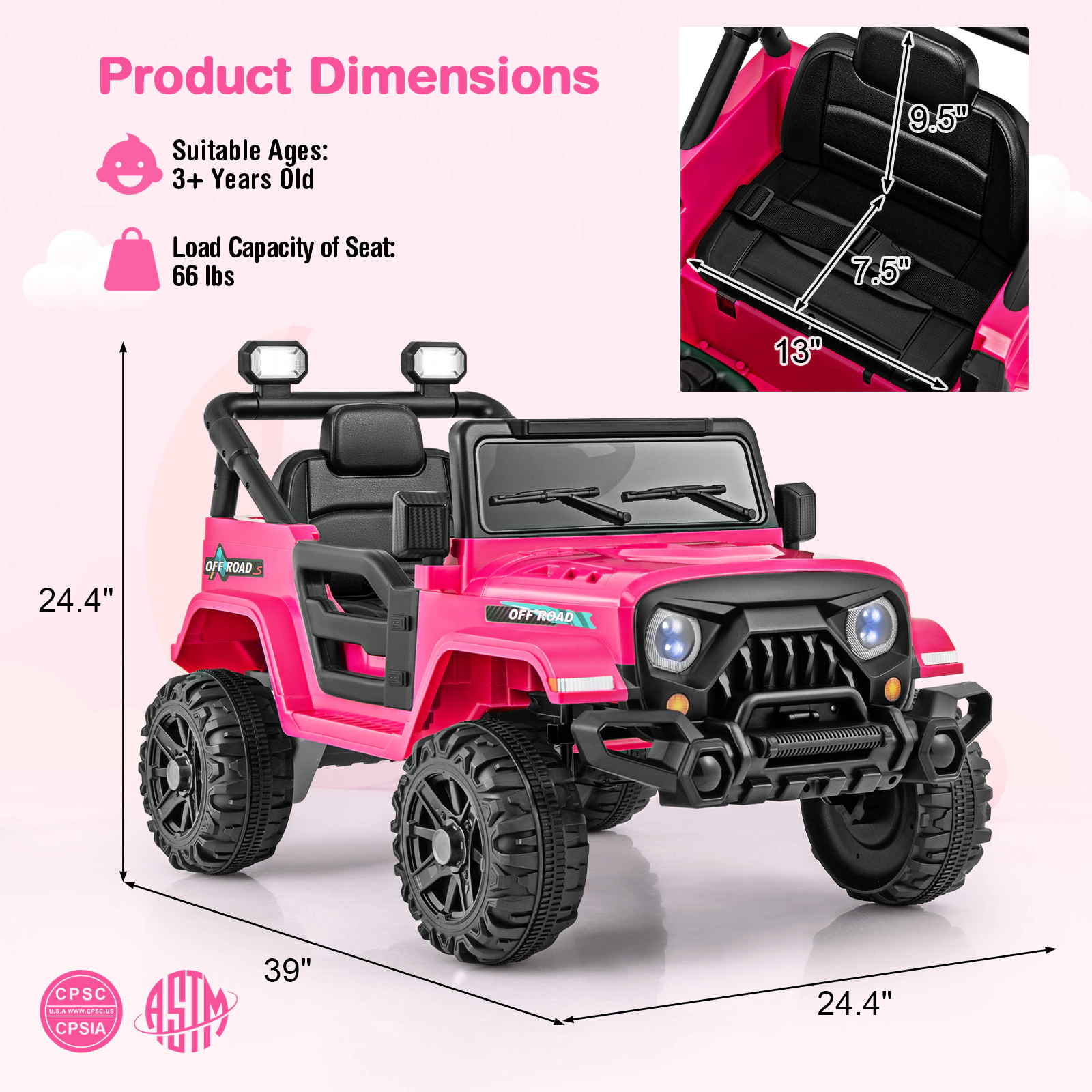 Hivvago 12V Kids Ride on Truck Car with Remote Control Threaded Wheels and 3 Speeds
