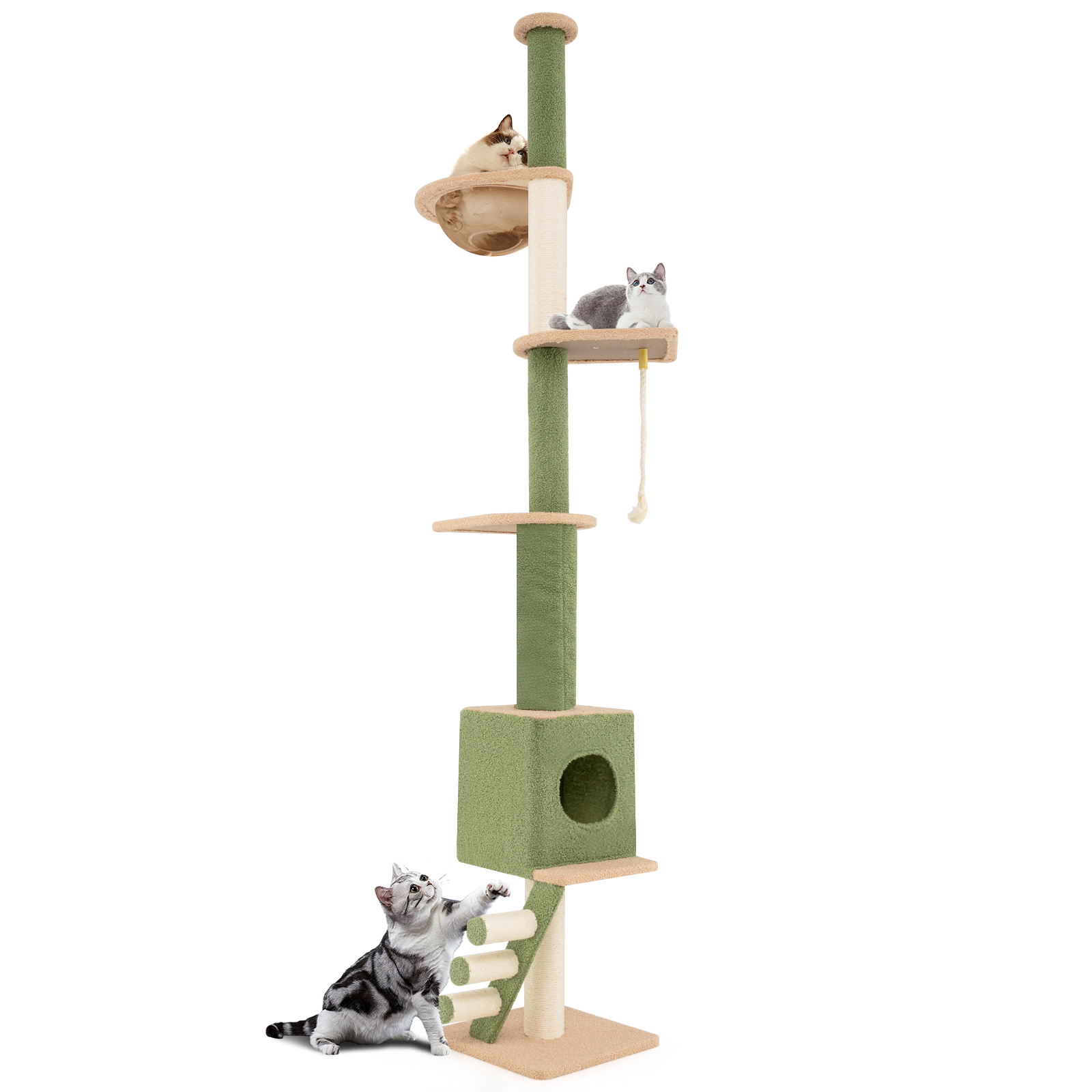 SUGIFT Floor to Ceiling Cat Tree Green Adjustable 86-99.5 in with Space Capsule and Condo