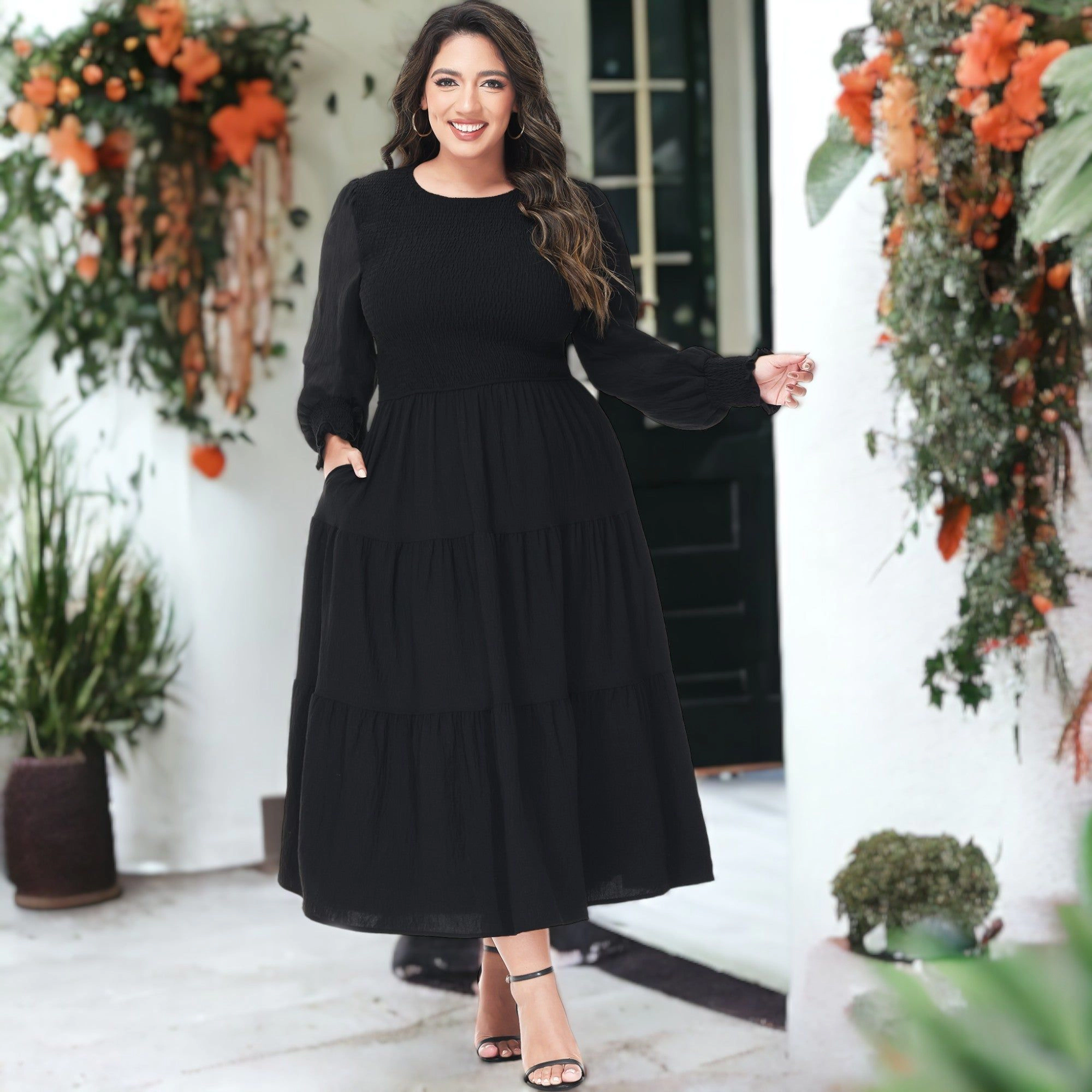 Anna-Kaci Womens Plus Smocked Chest Round Neck Flowy Tiered Maxi Dress