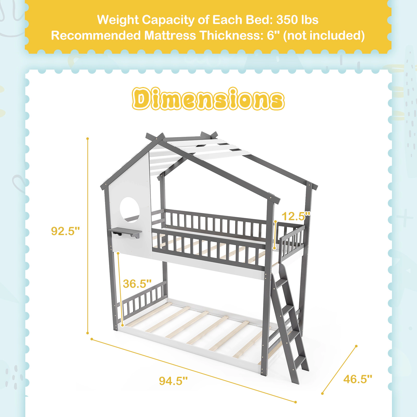 SUGIFT Gray and White Roof Window and Guardrails Twin Over Twin Kids House Bunk Bed