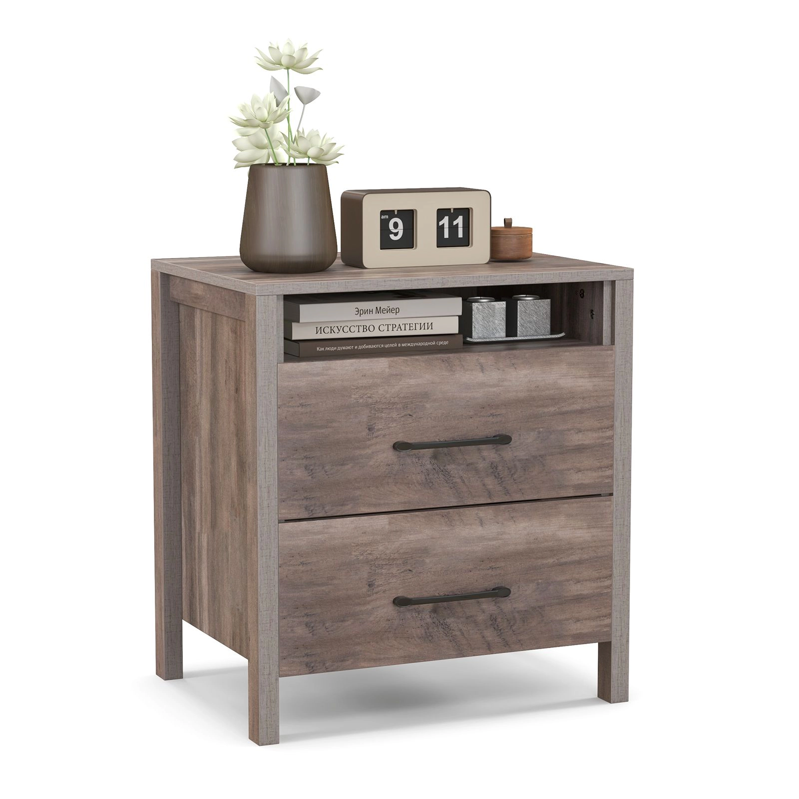 SlickBlue Farmhouse Nightstand with Two Drawers and Open Shelf