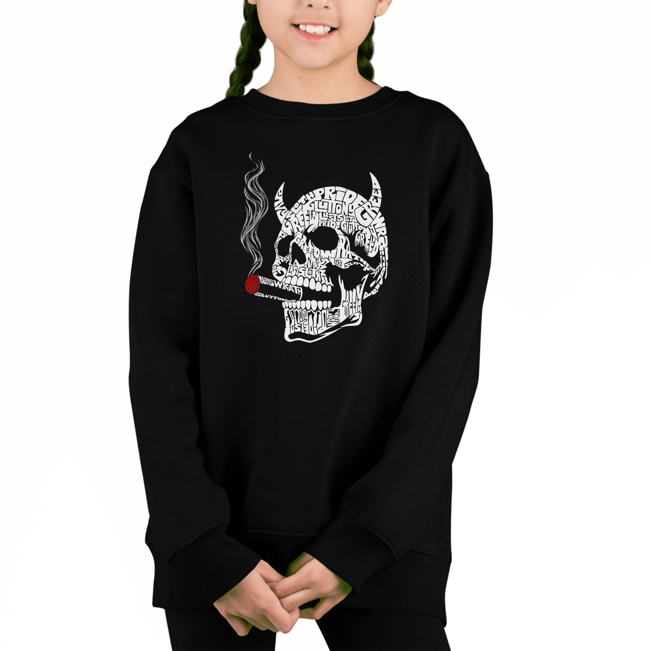 LA Pop Art Girl's Word Sweatshirt - 7 Deadly Sins Skull