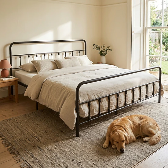 SUGIFT King Metal Platform Bed, Victorian Open-Frame Headboard and Footboard, Black